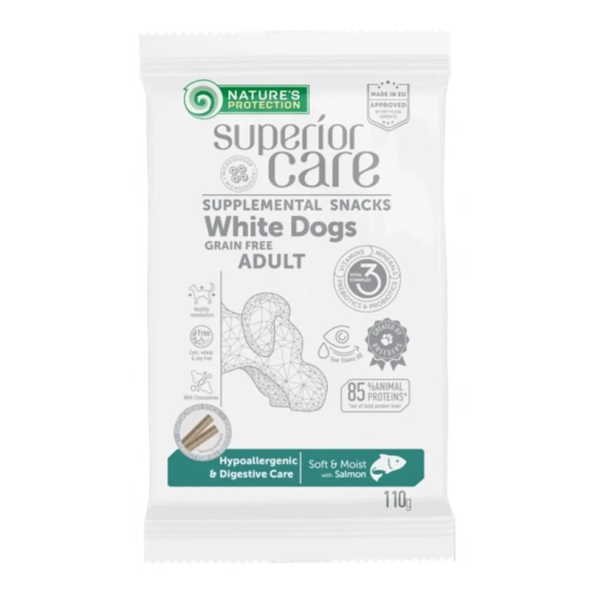 Natures Protection Superior Care blană albă Somon recompense funcționale hipoalergenice fără cereale câini sensibilități digestive 110g