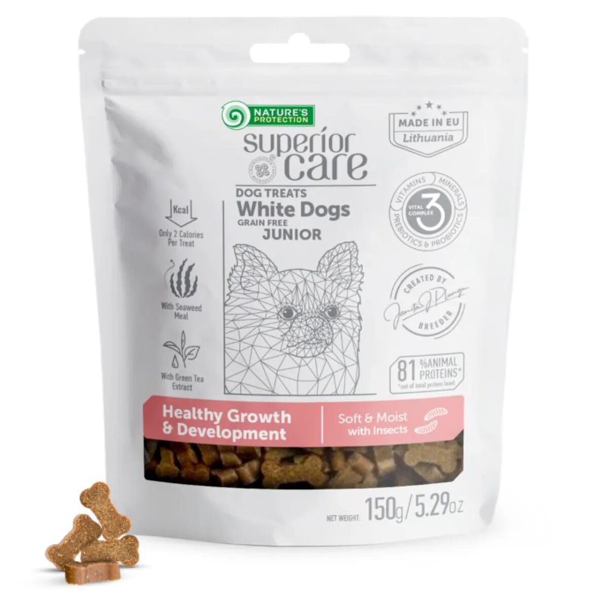 Natures Protection Superior Care Healthy Growth & Development XS-XL Insecte punguță recompense funcționale fără cereale câini junior 150g