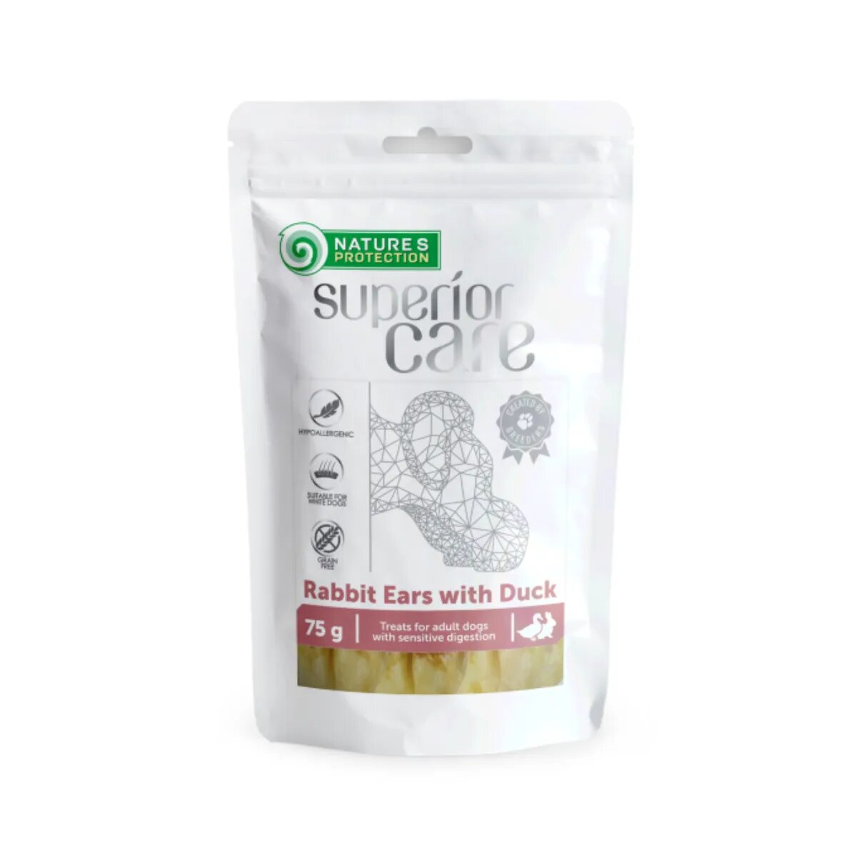 Natures Protection Superior Care Rabbit Ears XS-XL Iepure și Rață punguță recompense câini 75g