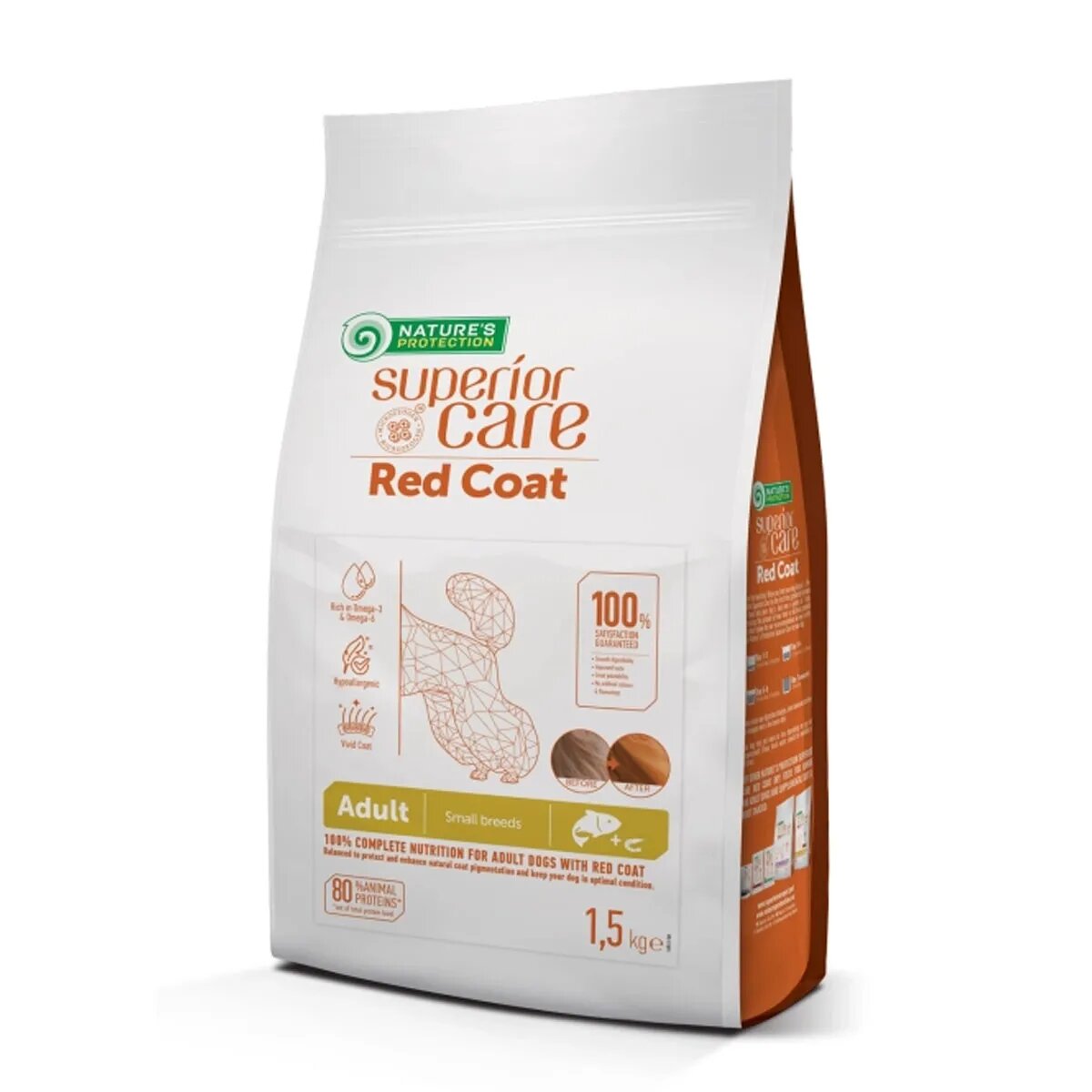 Natures Protection Superior Care Red Coat Small & Mini Breed XS-S Somon și Krill hrană uscată fără cereale câini Superior Care Red Coat Small&Mini Somon hrană uscată fără cereale câini intensificarea culorii 1.5kg