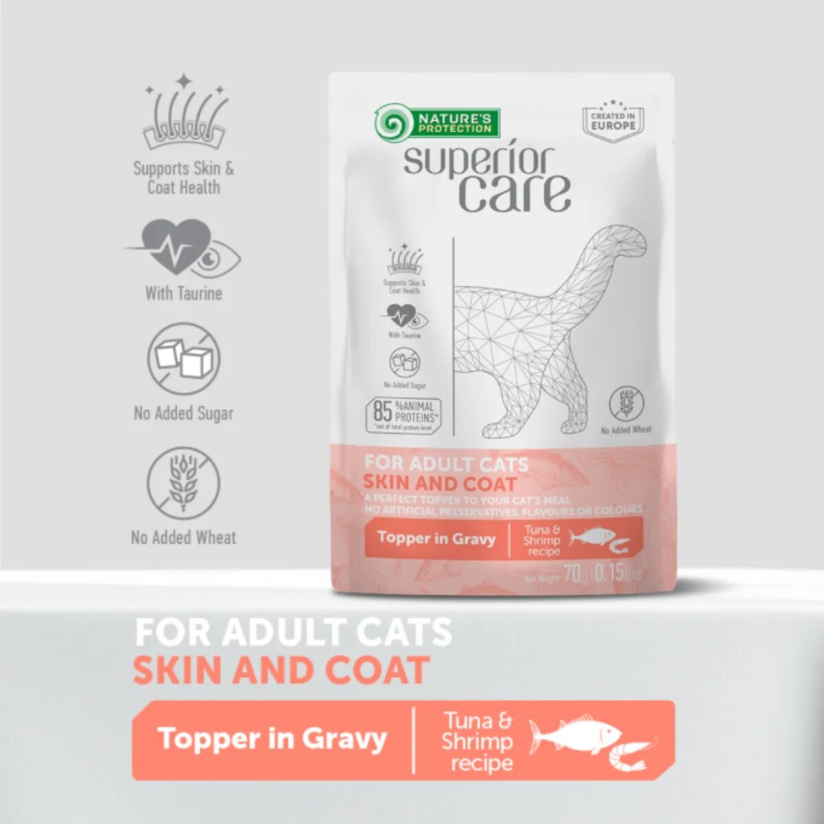 Natures Protection Superior Care Skin & Coat Ton și Creveți plic hrană umedă pisici piele & blană (topping) 70g