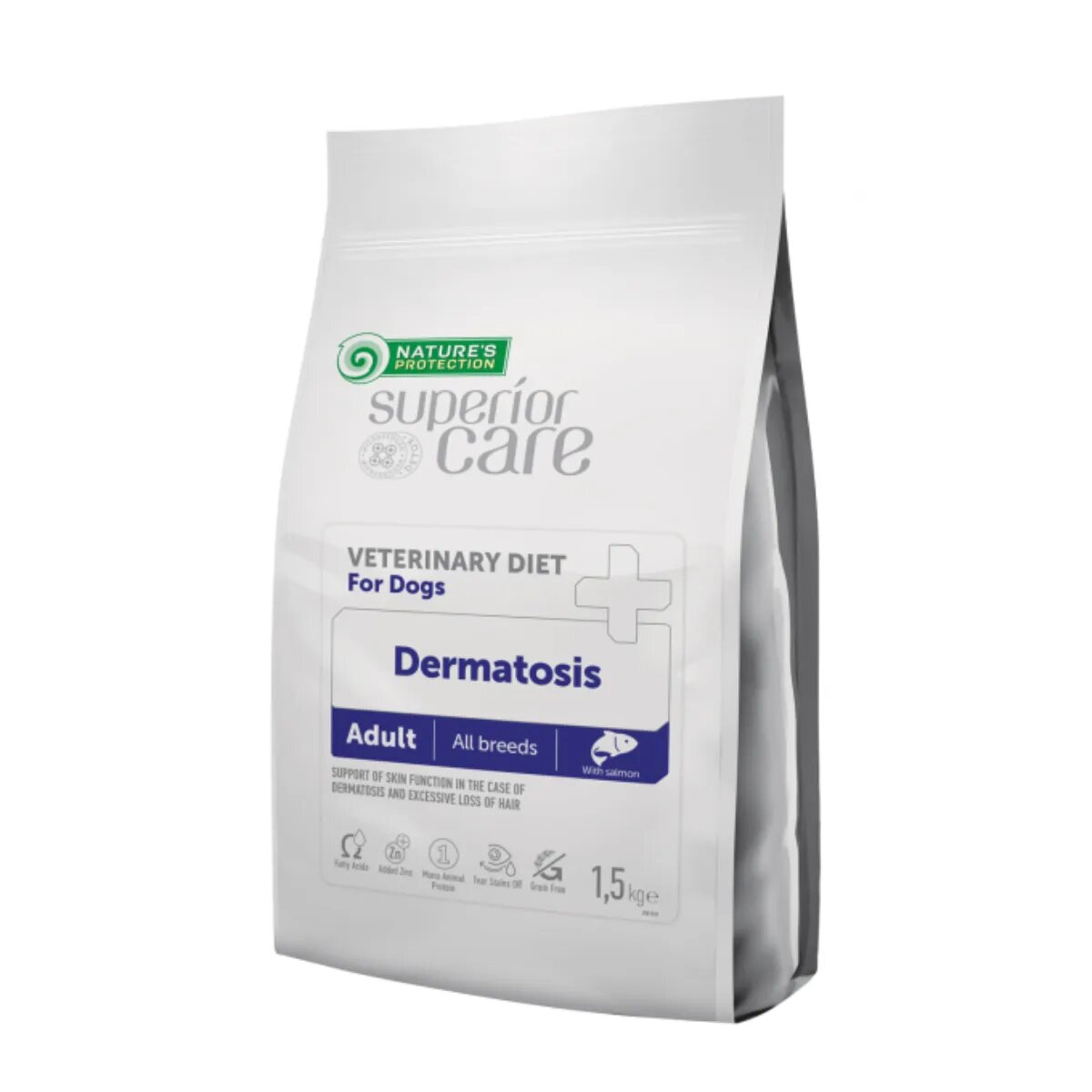 Natures Protection Superior Care Veterinary Diet Dermatosis XS-XL Somon dietă veterinară hrană uscată monoproteică câini piele & blană 1.5kg