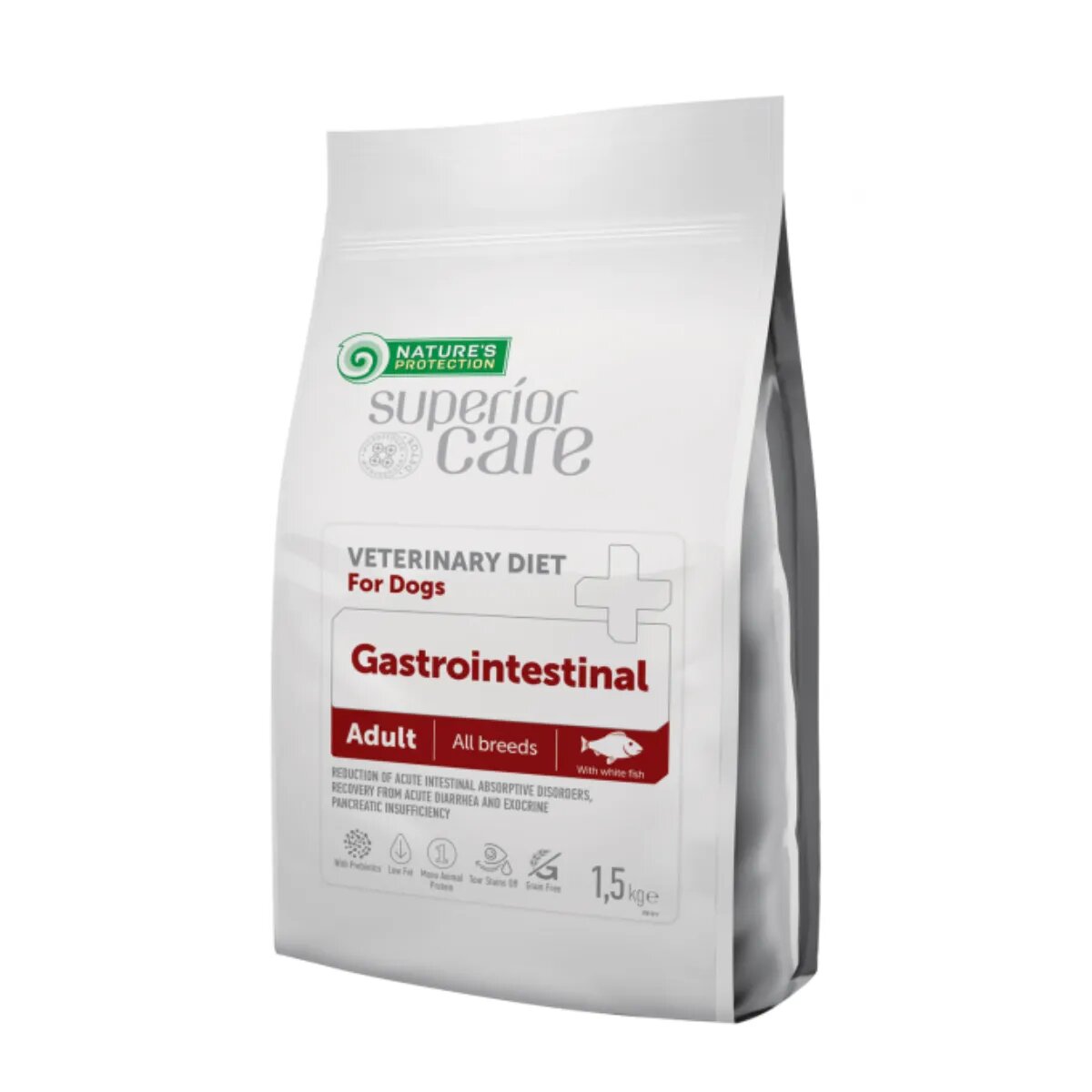 Natures Protection Superior Care Veterinary Diet Gastrointestinal White XS-XL Pește dietă veterinară hrană uscată câini sistem digestiv 1.5kg