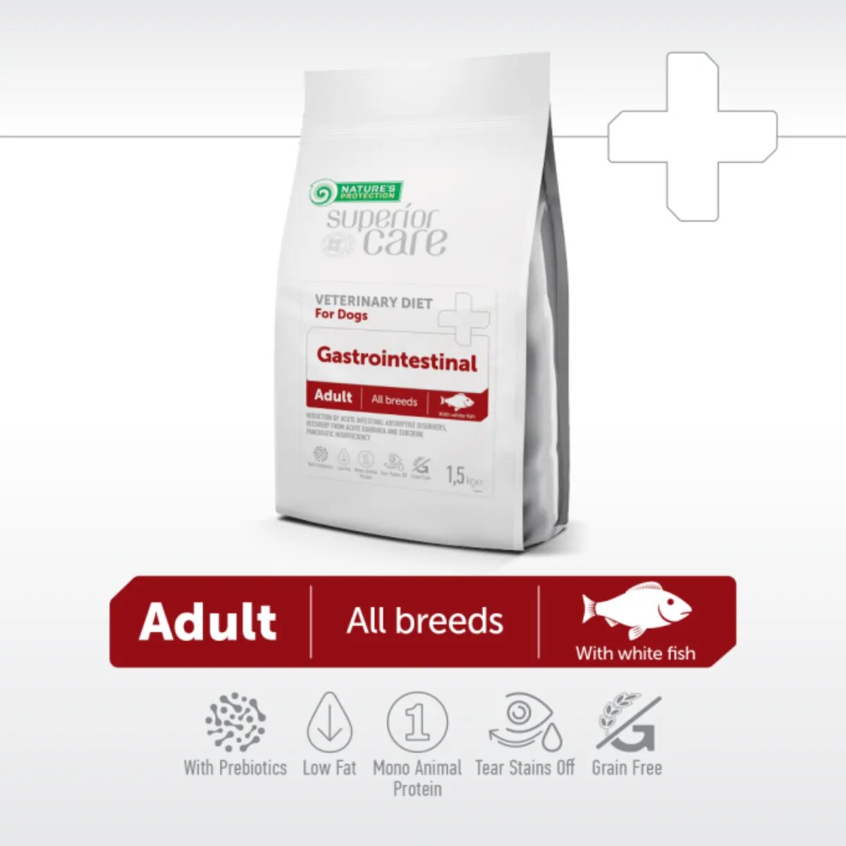 Natures Protection Superior Care Veterinary Diet Gastrointestinal White XS-XL Pește dietă veterinară hrană uscată câini sistem digestiv 1.5kg