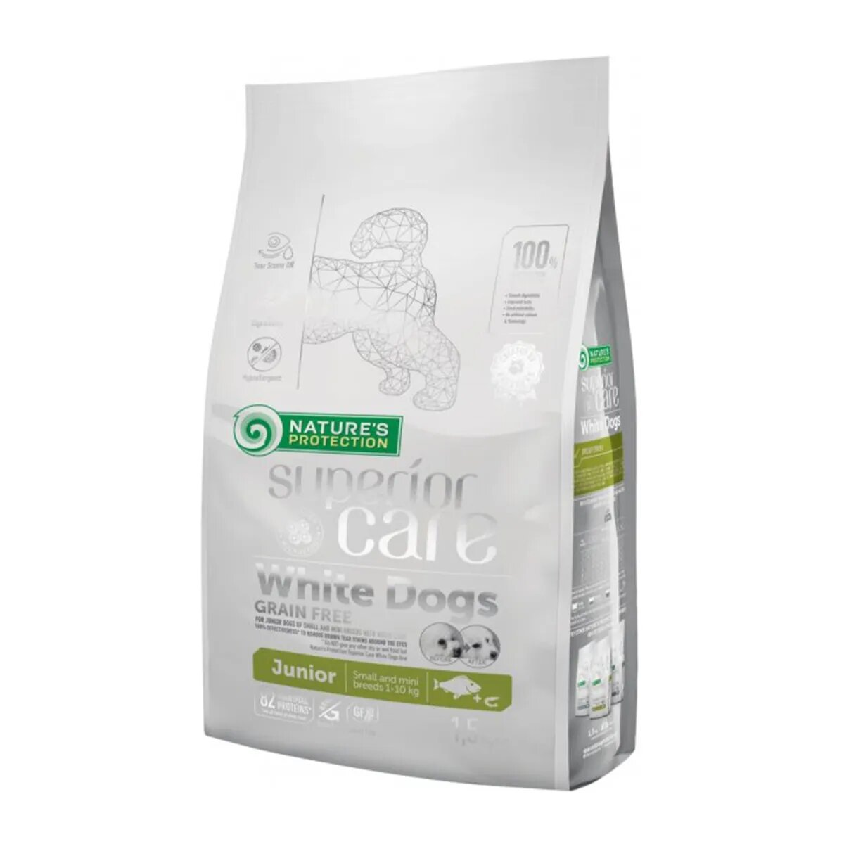 Natures Protection Superior Care White Dogs Junior Small&Mini Pește Alb hrană uscată fără cereale câini juniori reducerea petelor la câinii albi Superior Care White Dogs Junior XS - S Pește Alb hrană uscată fără cereale câini juni