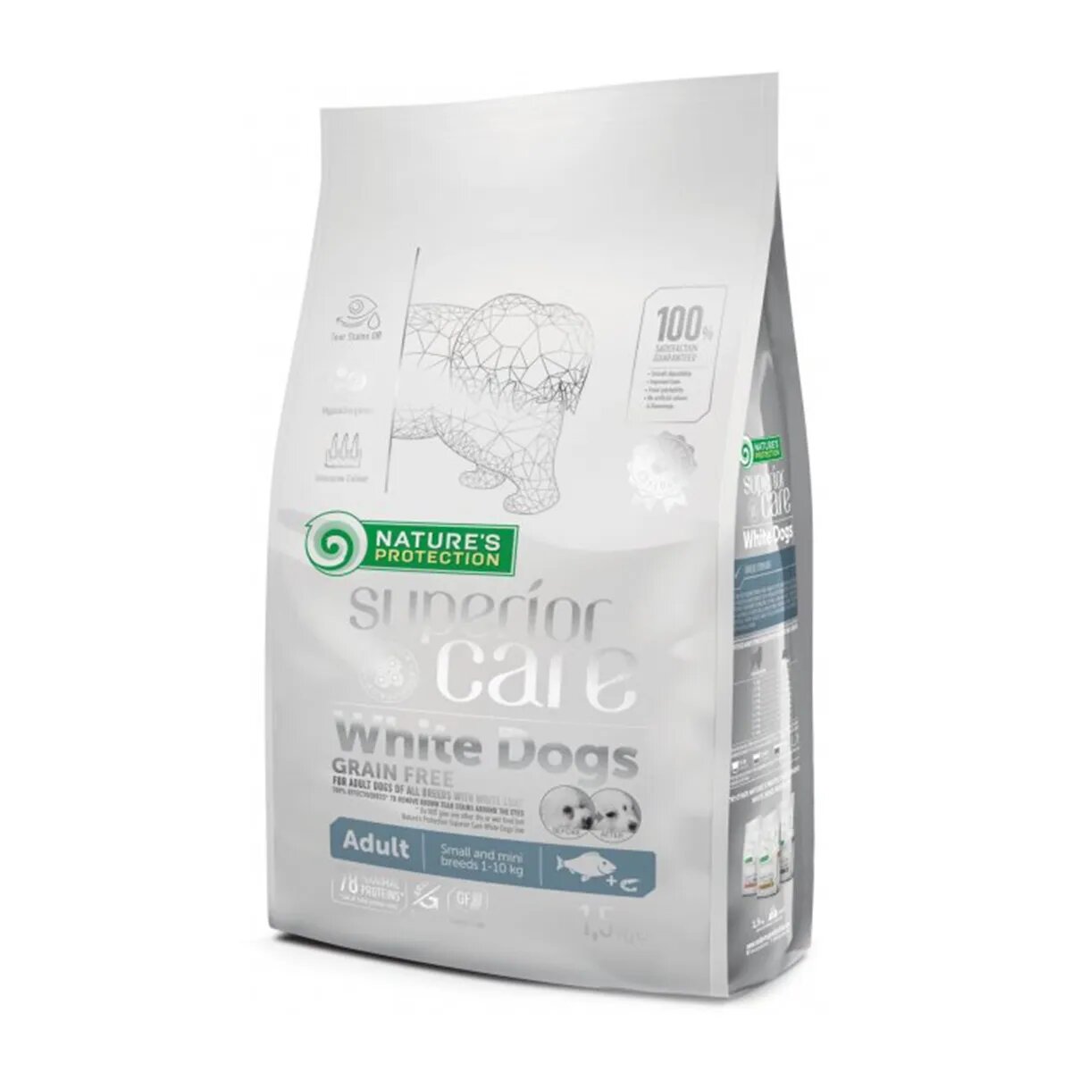 Natures Protection Superior Care White Dogs Small&Mini Pește Alb hrană uscată fără cereale câini reducerea petelor maronii la câinii albi 1.5kg
