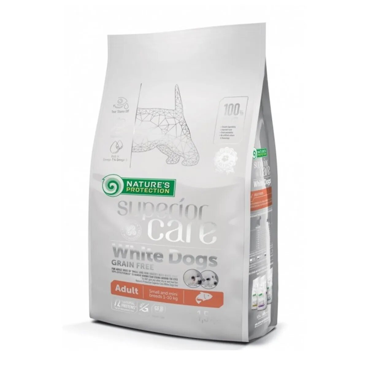 Natures Protection Superior Care White Dogs Small&Mini Somon hrană uscată fără cereale câini reducerea petelor maronii la câinii albi 1.5kg