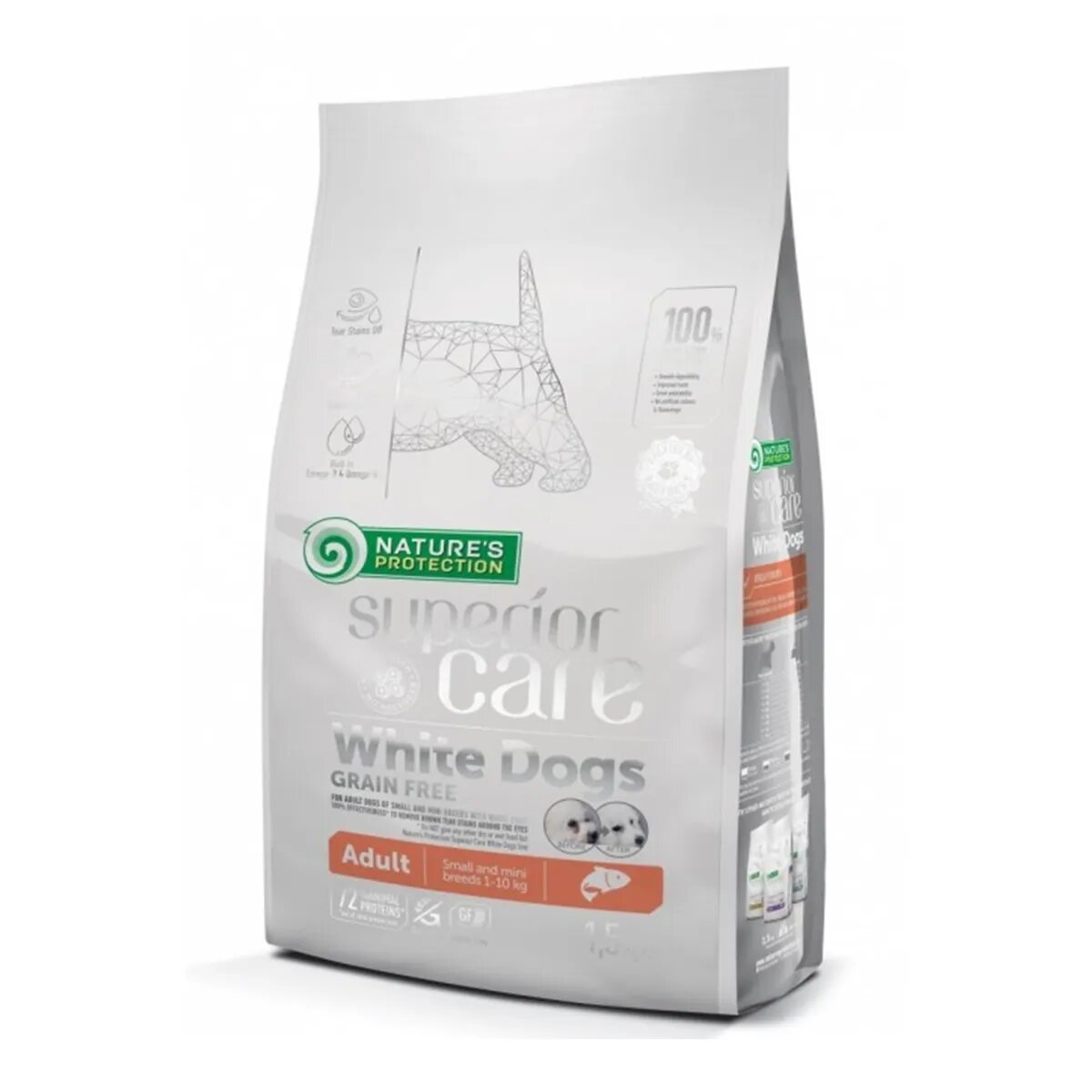 Natures Protection Superior Care White Dogs Small&Mini Somon hrană uscată fără cereale câini reducerea petelor maronii la câinii albi 10kg