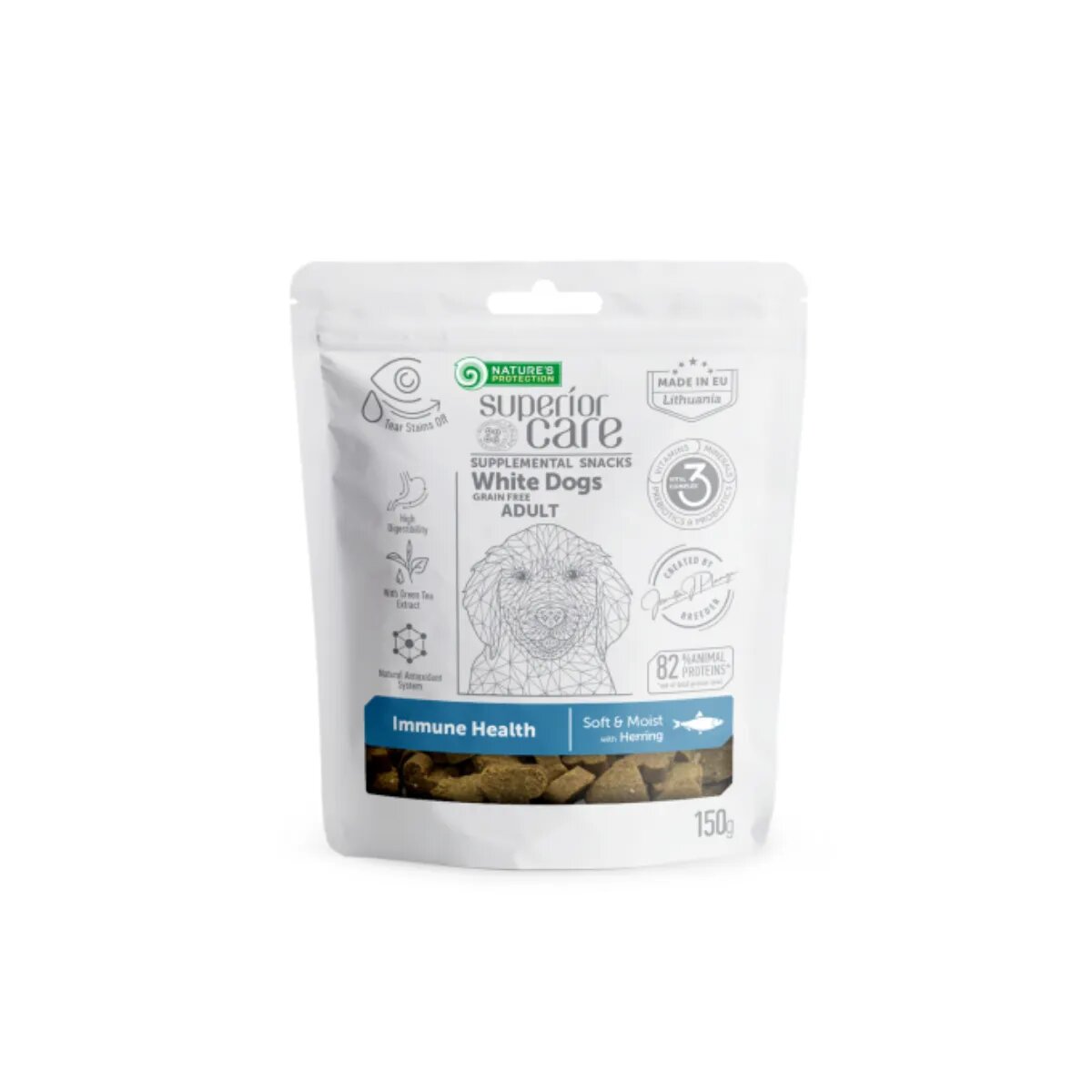 Natures Protection Superior Care White Dogs XS-XL Hering și Ceai verde punguță recompense funcționale fără cereale câini sistem imunitar 150g