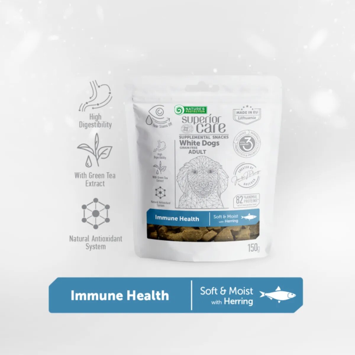 Natures Protection Superior Care White Dogs XS-XL Hering și Ceai verde punguță recompense funcționale fără cereale câini sistem imunitar 150g