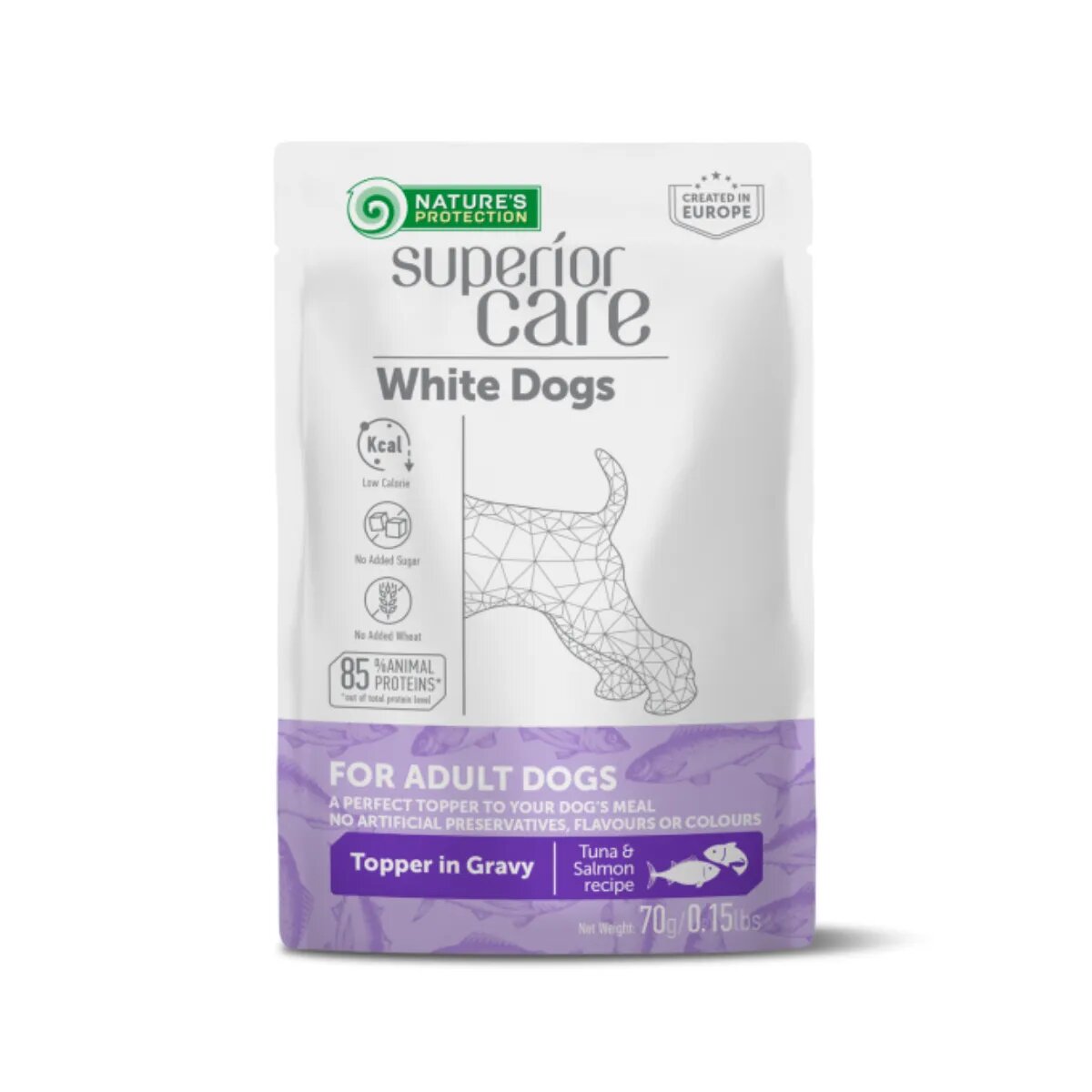 Natures Protection Superior Care White Dogs XS-XL Ton și Somon plic hrană umedă câini (topping) 70g