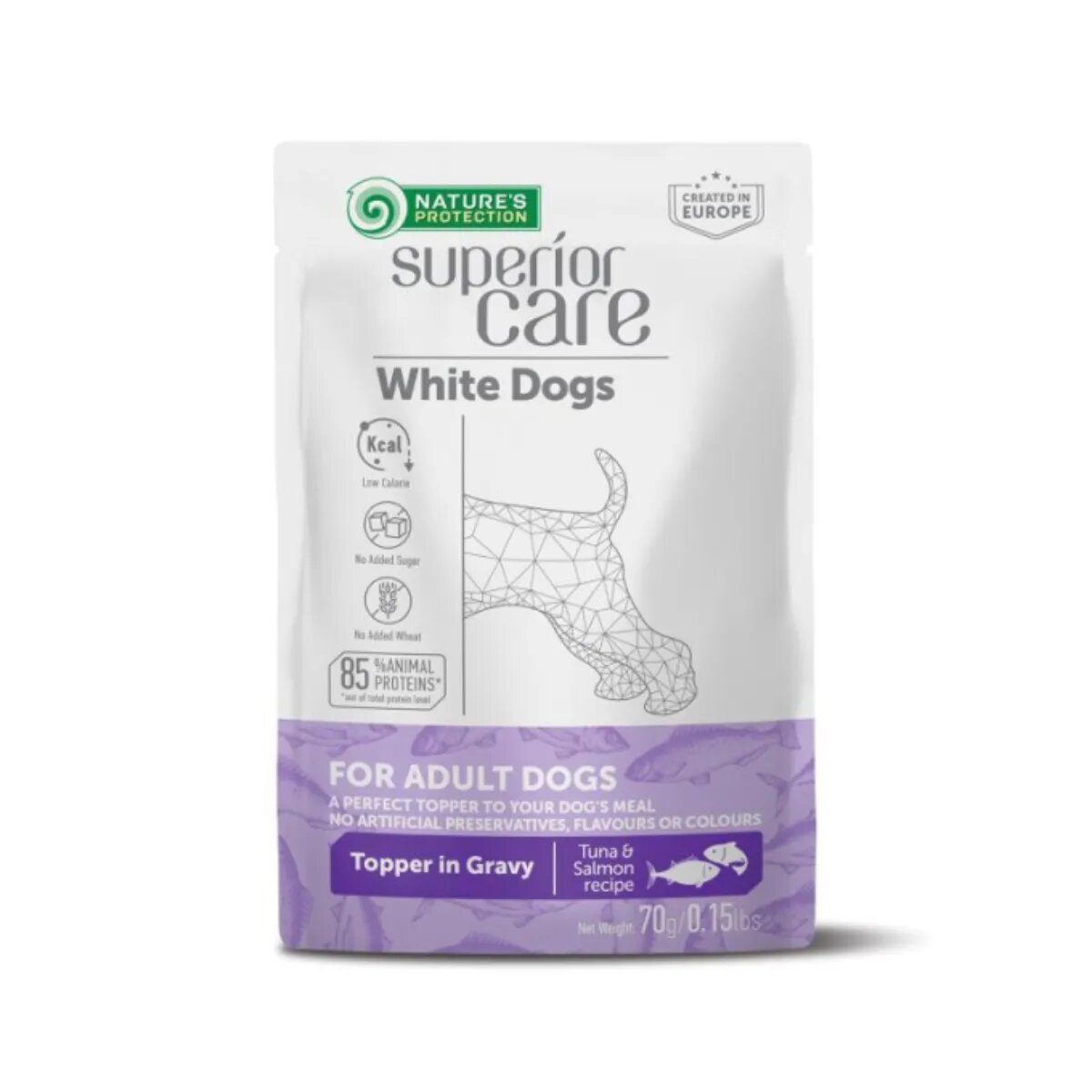 Natures Protection Superior Care White Dogs XS-XL Ton și Somon plic hrană umedă câini (topping) 70g