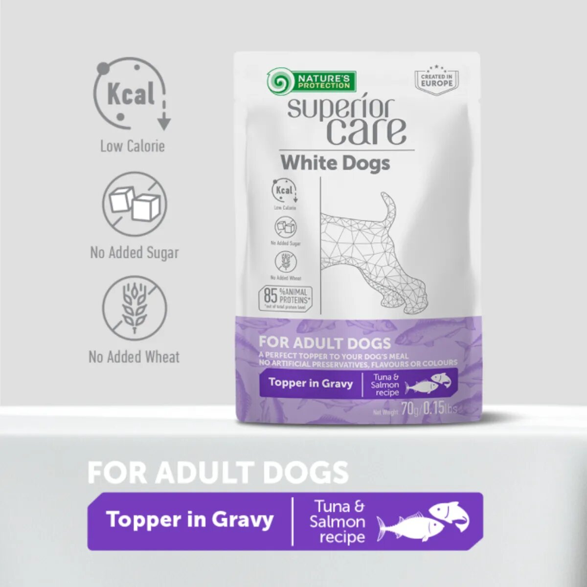 Natures Protection Superior Care White Dogs XS-XL Ton și Somon plic hrană umedă câini (topping) 70g
