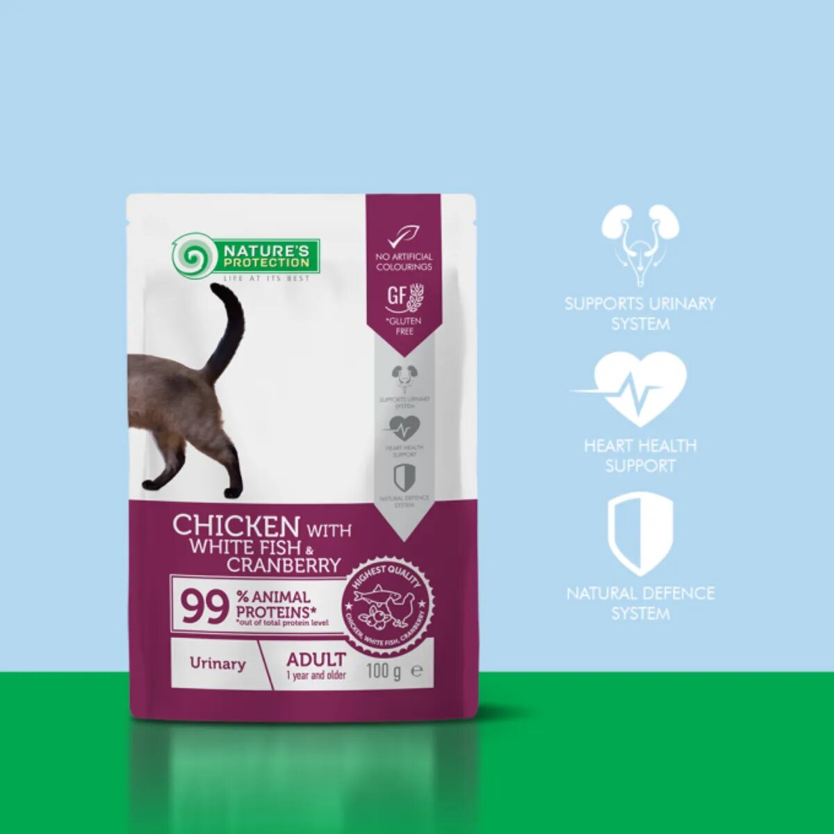 Natures Protection Urinary Pui și Pește alb plic hrană umedă pisici sistem urinar (în sos) 100g