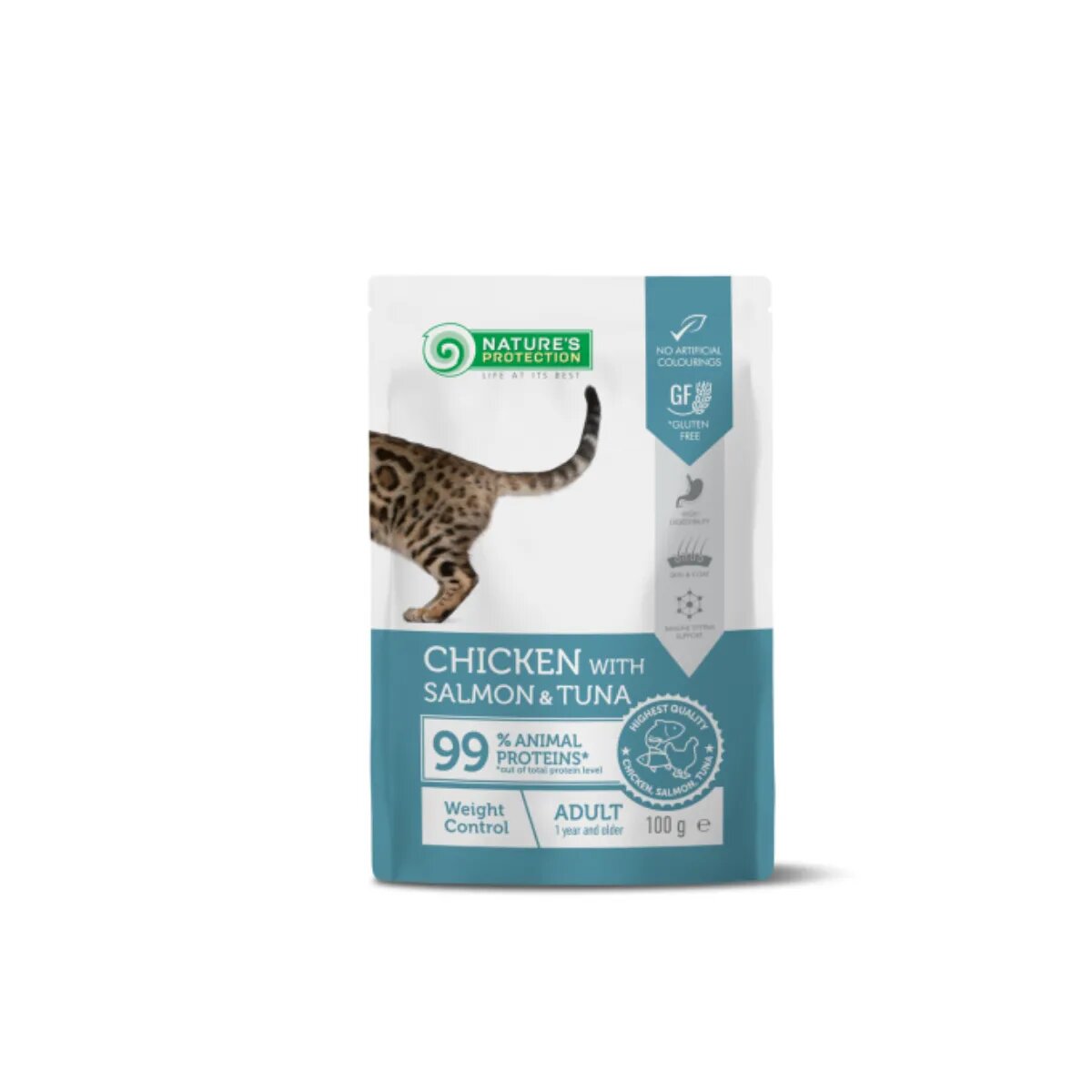 Natures Protection Weight Control Pui și Somon plic hrană umedă pisici obezitate (în sos) 100g