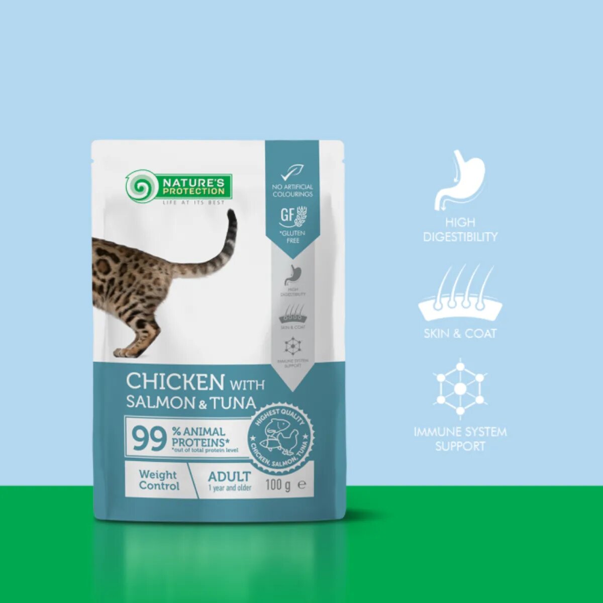Natures Protection Weight Control Pui și Somon plic hrană umedă pisici obezitate (în sos) 100g