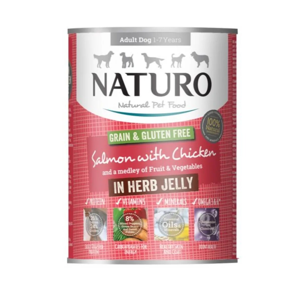 Naturo Grain Free XS-L Somon și Pui conservă hrană umedă fără cereale câini (în aspic) 390g