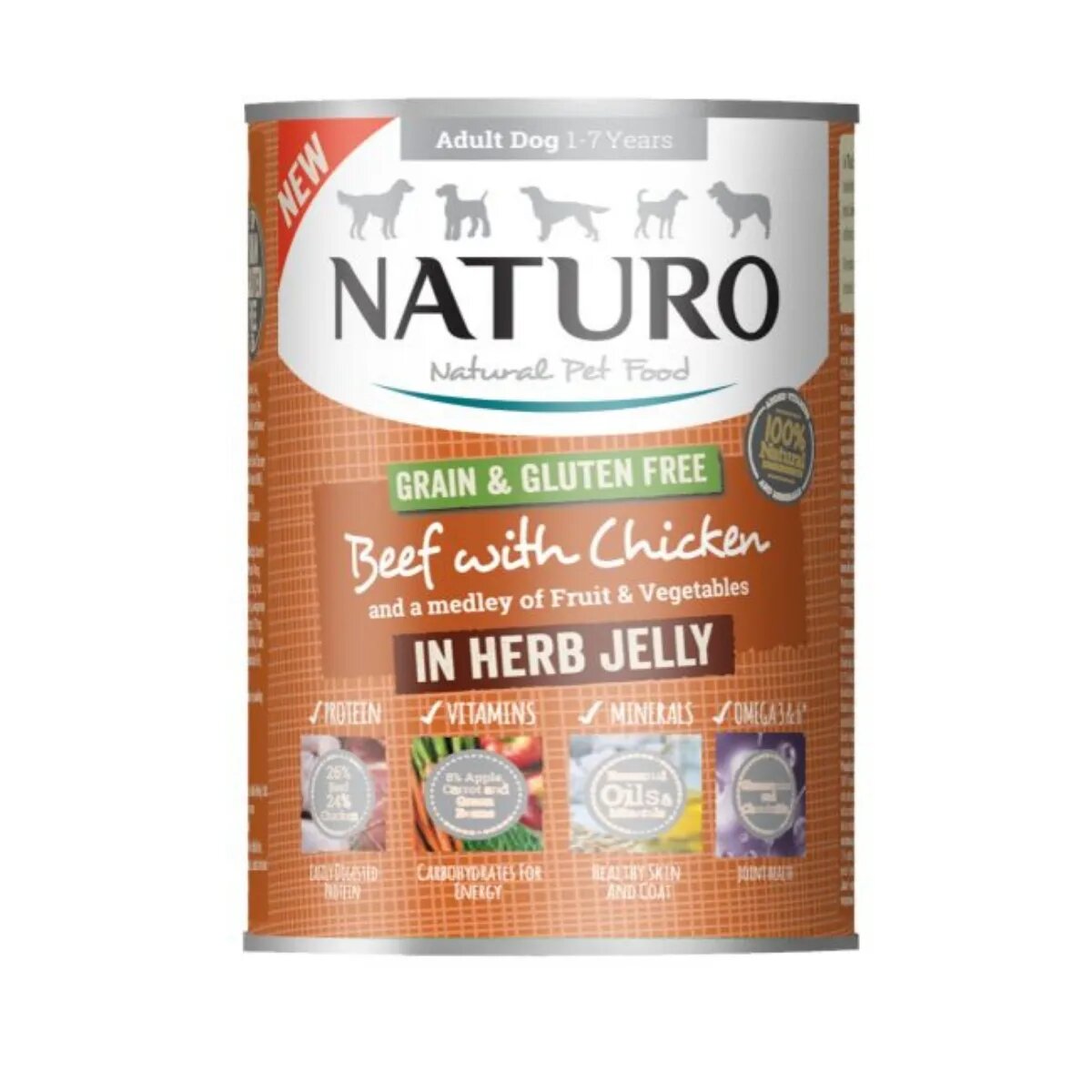 Naturo Grain Free XS-L Vită și Pui conservă hrană umedă fără cereale câini (în aspic) 390g