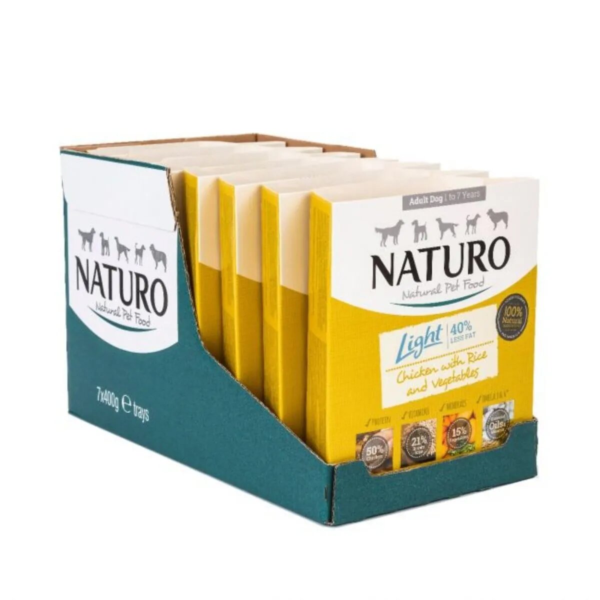 Naturo Low Grain Light XS-L Pui și Legume tăviță hrană umedă conținut redus cereale câini managementul greutății (în aspic) 400g