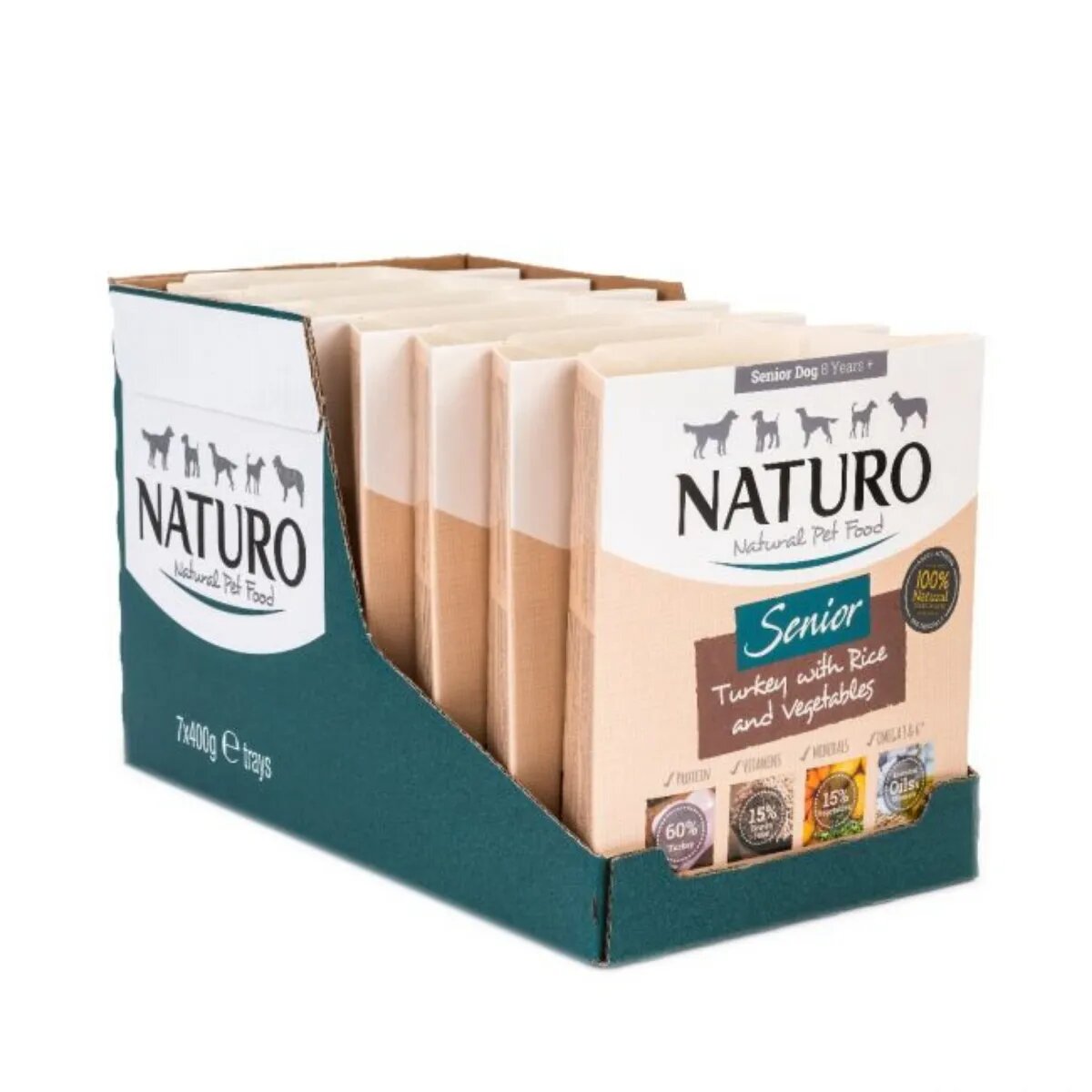 Naturo Low Grain Senior XS-L Curcan și Legume tăviță hrană umedă conținut redus cereale câini senior (în aspic) 400g