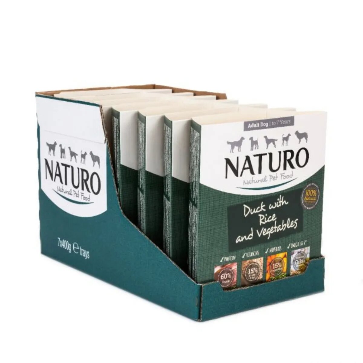 Naturo Low Grain XS-L Rață și Legume tăviță hrană umedă conținut redus cereale câini (în aspic) 400g