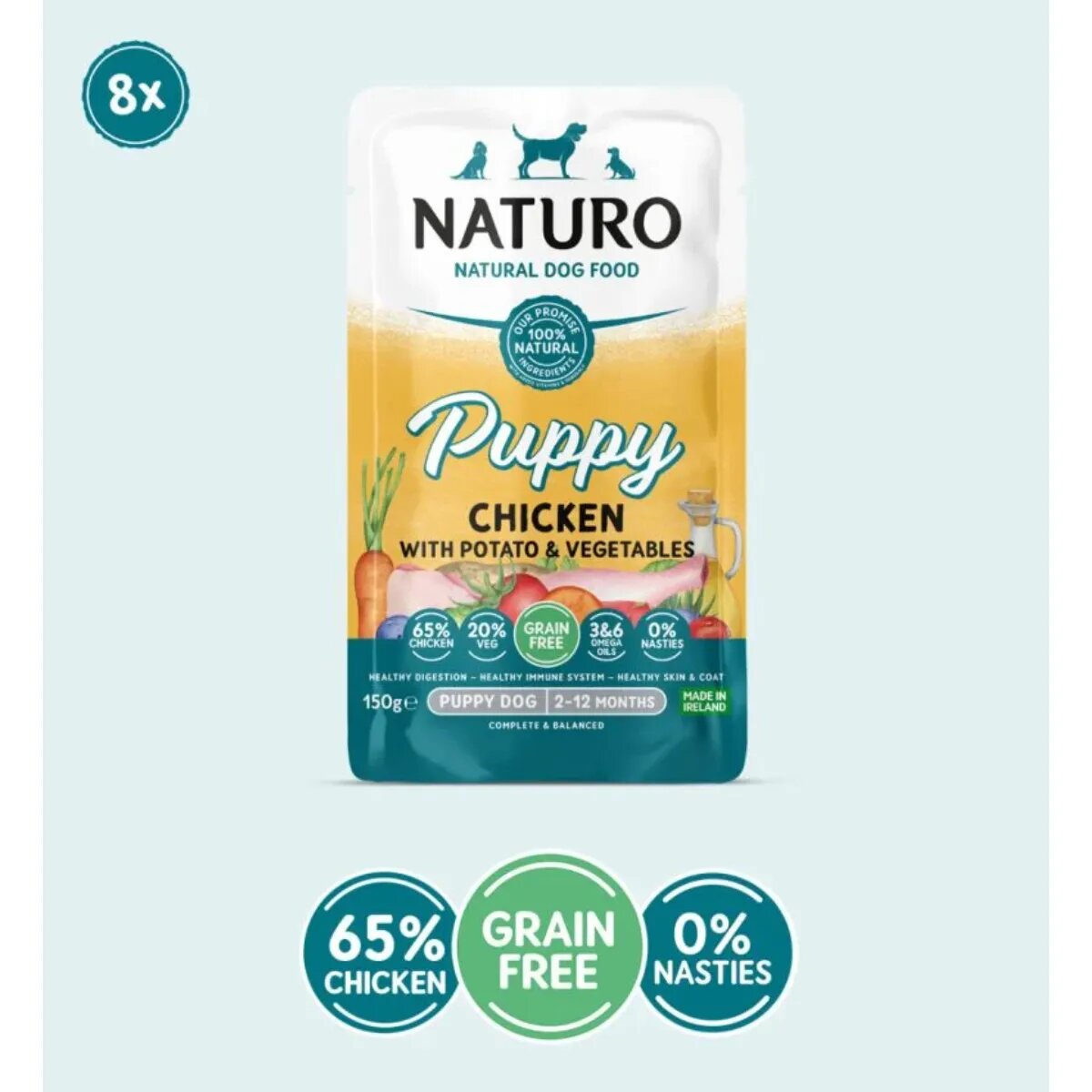Naturo Puppy XS-XL Pui plic hrană umedă fără cereale câini junior (în suc propriu) 150g