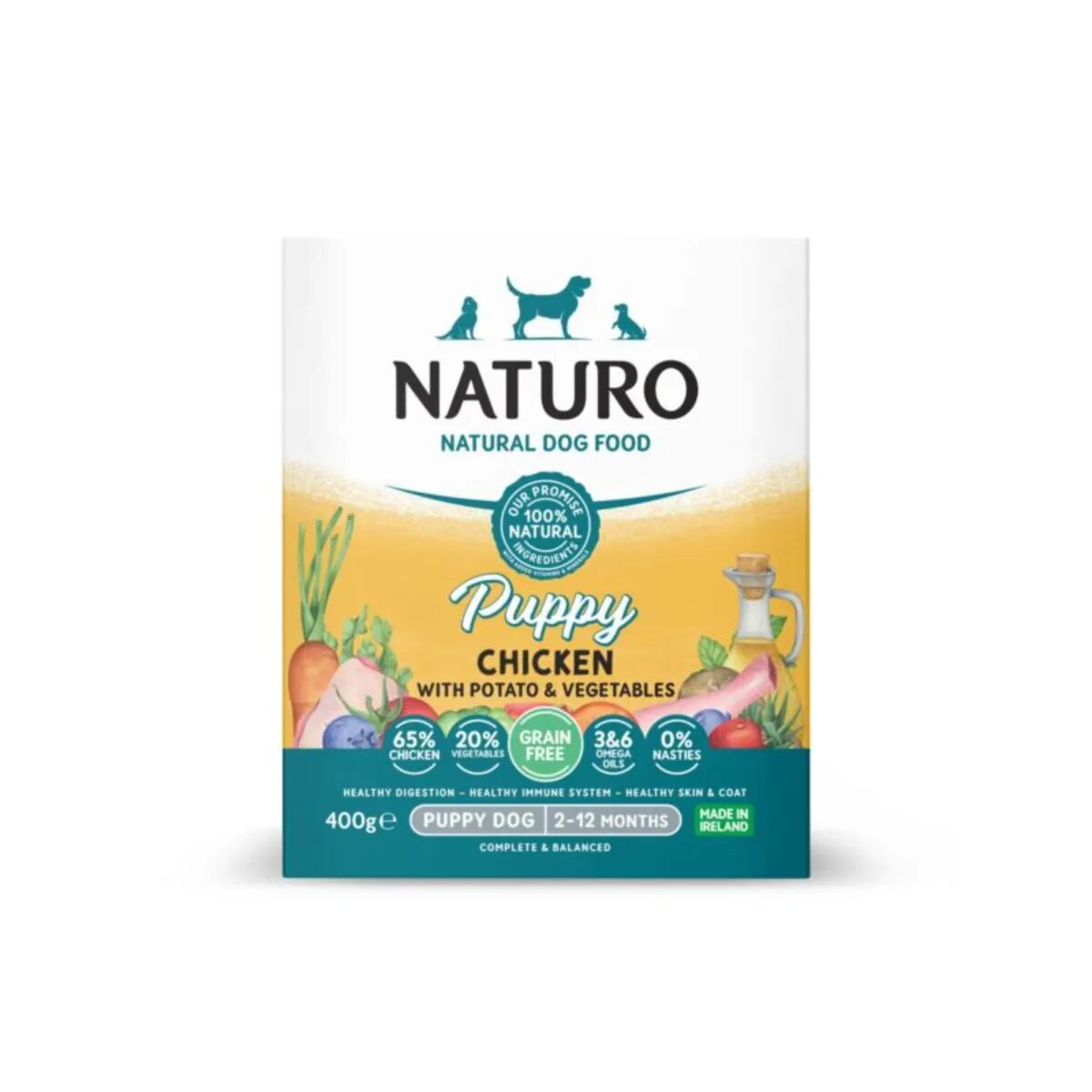 Naturo Puppy XS-XL Pui tăviță cutie hrană umedă fără cereale câini junior (în suc propriu) 400g