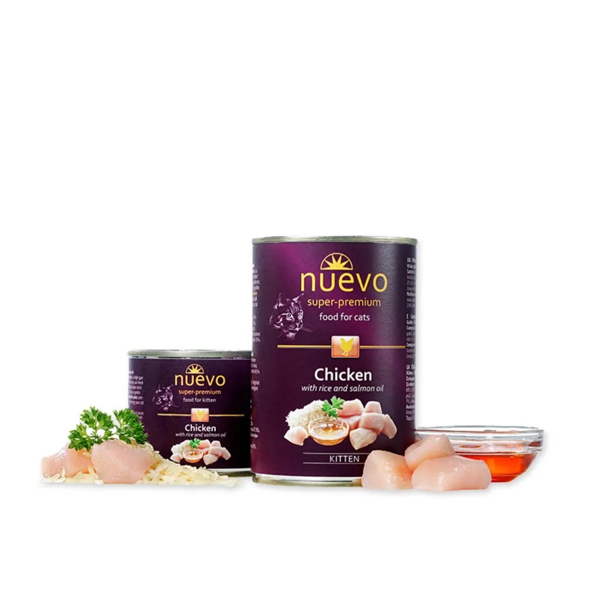 Nuevo Pui Orez și Ulei de Somon conservă hrană umedă pisici junior (pate) 400g