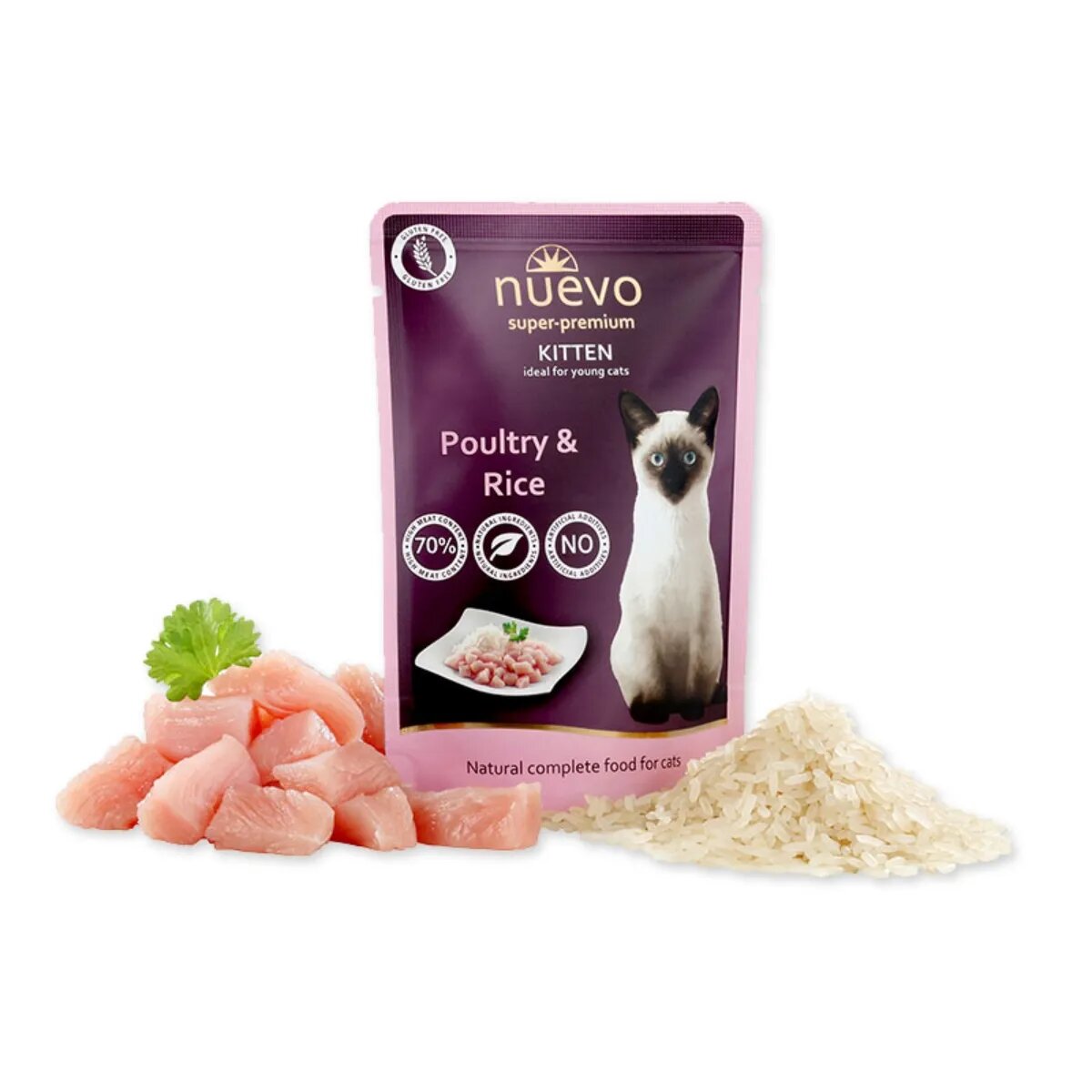 Nuevo Pui și Orez hrană umedă pisici junior (pate) Pui și Orez plic hrană umedă pisici junior (pate) 85g