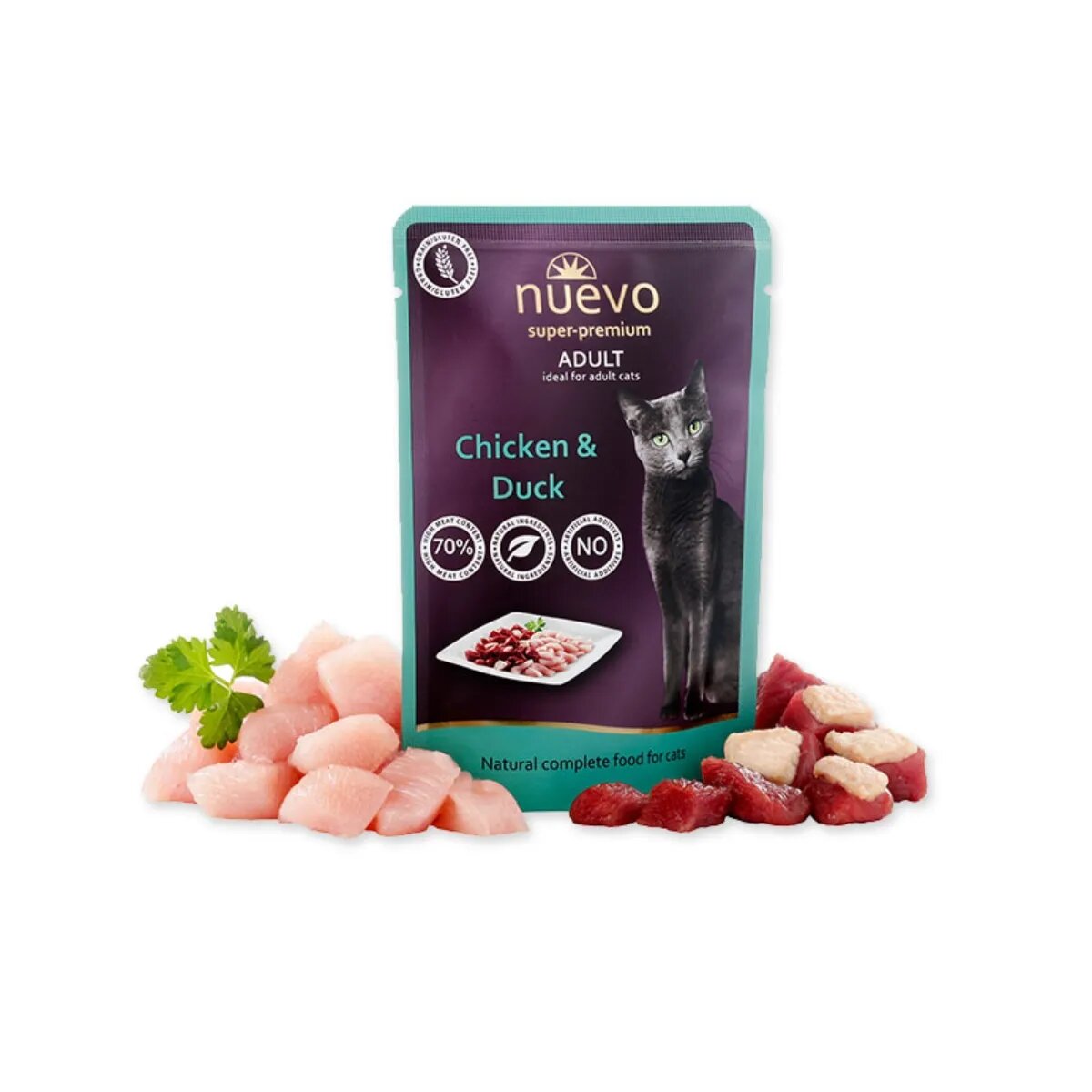Nuevo Pui și Rață hrană umedă fără cereale pisici apetit capricios (pate) Pui și Rață plic hrană umedă fără cereale pisici apetit capricios (pate) 85g
