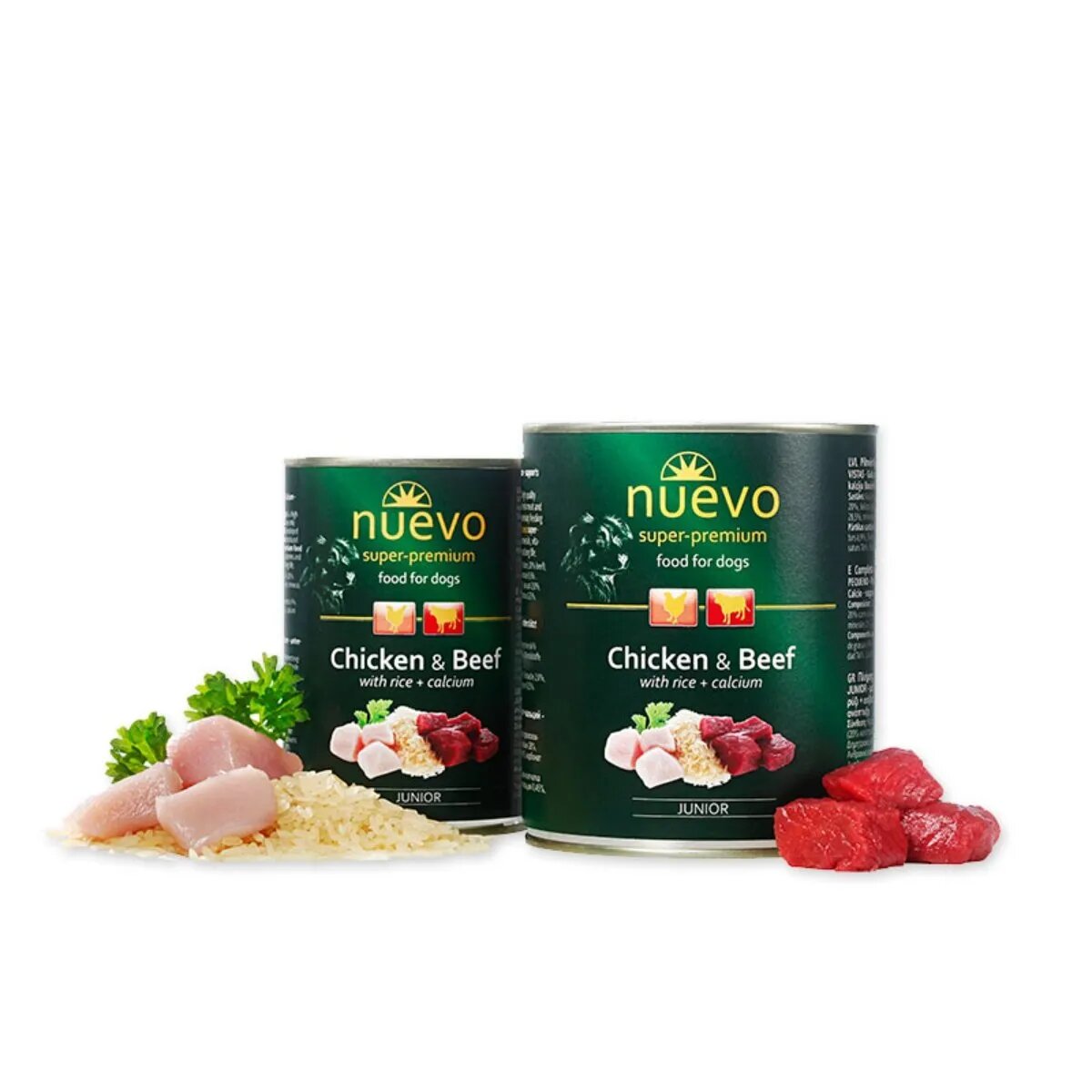 Nuevo Pui Vită Orez și Calciu XS-XL conservă hrană umedă câini junior (pate) PuiVităOrez și Calciu XS-XL conservă hrană umedă câini junior (pate) 800g