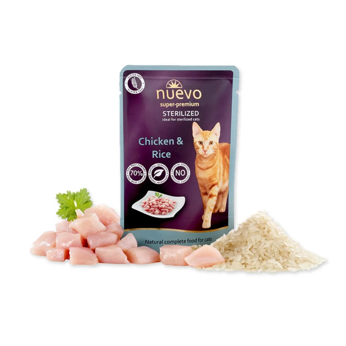 Nuevo Sterilized Pui și Orez hrană umedă pisici sterilizate (pate) Sterilized Pui și Orez plic hrană umedă pisici sterilizate (pate) 85g