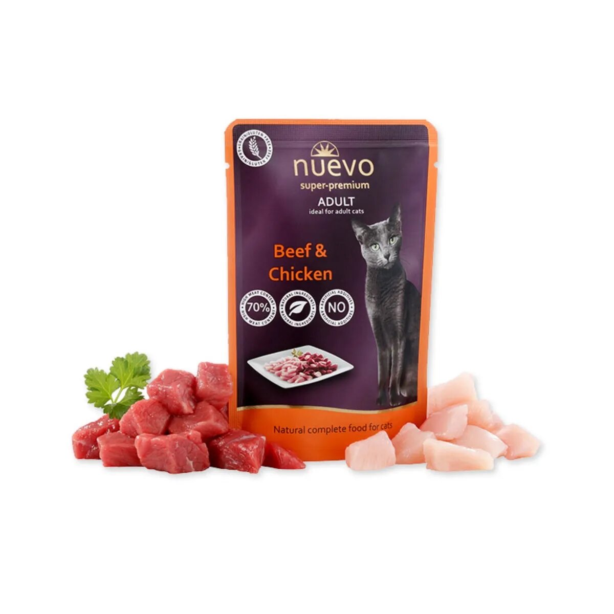 Nuevo Vită și Pui hrană umedă fără cereale pisici (pate) Vită și Pui plic hrană umedă fără cereale pisici (pate) 85g
