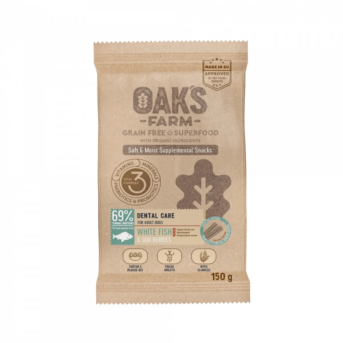 OAK'S FARM Dental Care Pește alb punguță recompense funcționale fără cereale câini sensibilități dentare 150g