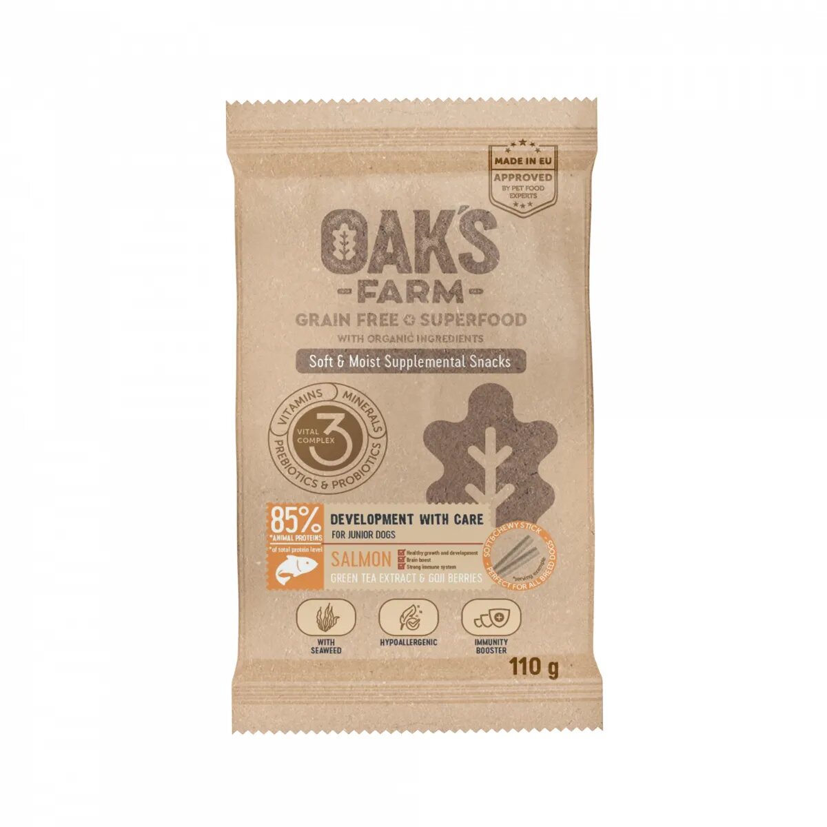 OAK'S FARM Development with Care Somon punguță recompense funcționale fără cereale câini junior 110g