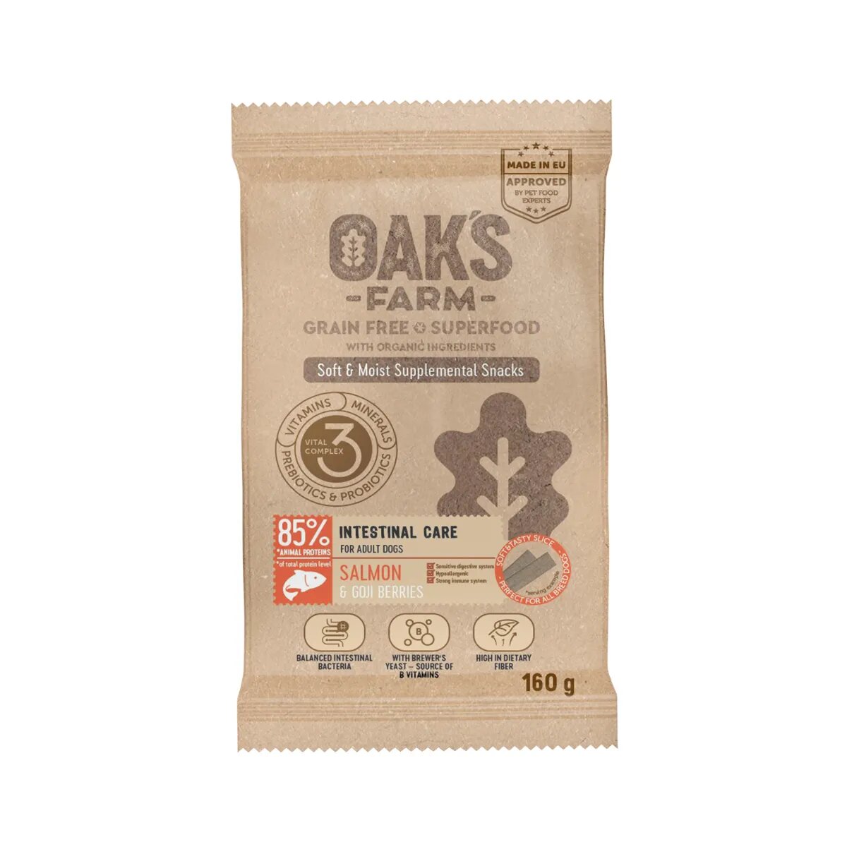 OAK'S FARM Intestinal Care Somon punguță recompense funcționale fără cereale câini sistem digestiv 160g