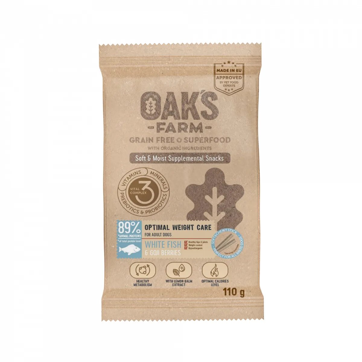 OAK'S FARM Optimal Weight Care Pește alb punguță recompense funcționale fără cereale câini obezitate 110g