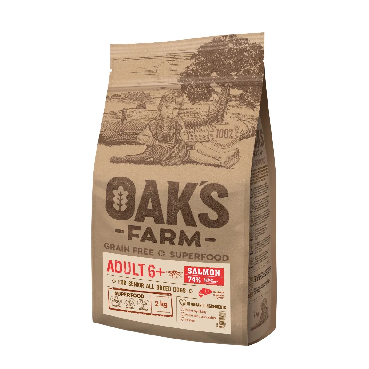 OAK'S FARM Senior 6+ XS-XL Somon hrană uscată fără cereale câini senior 2kg