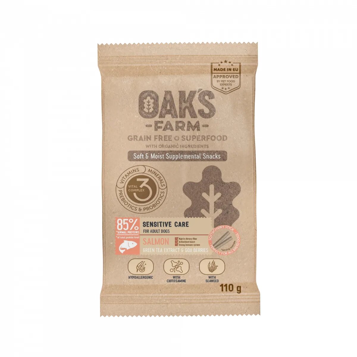 OAK'S FARM Sensitive Care Somon punguță recompense funcționale fără cereale câini alergii 110g
