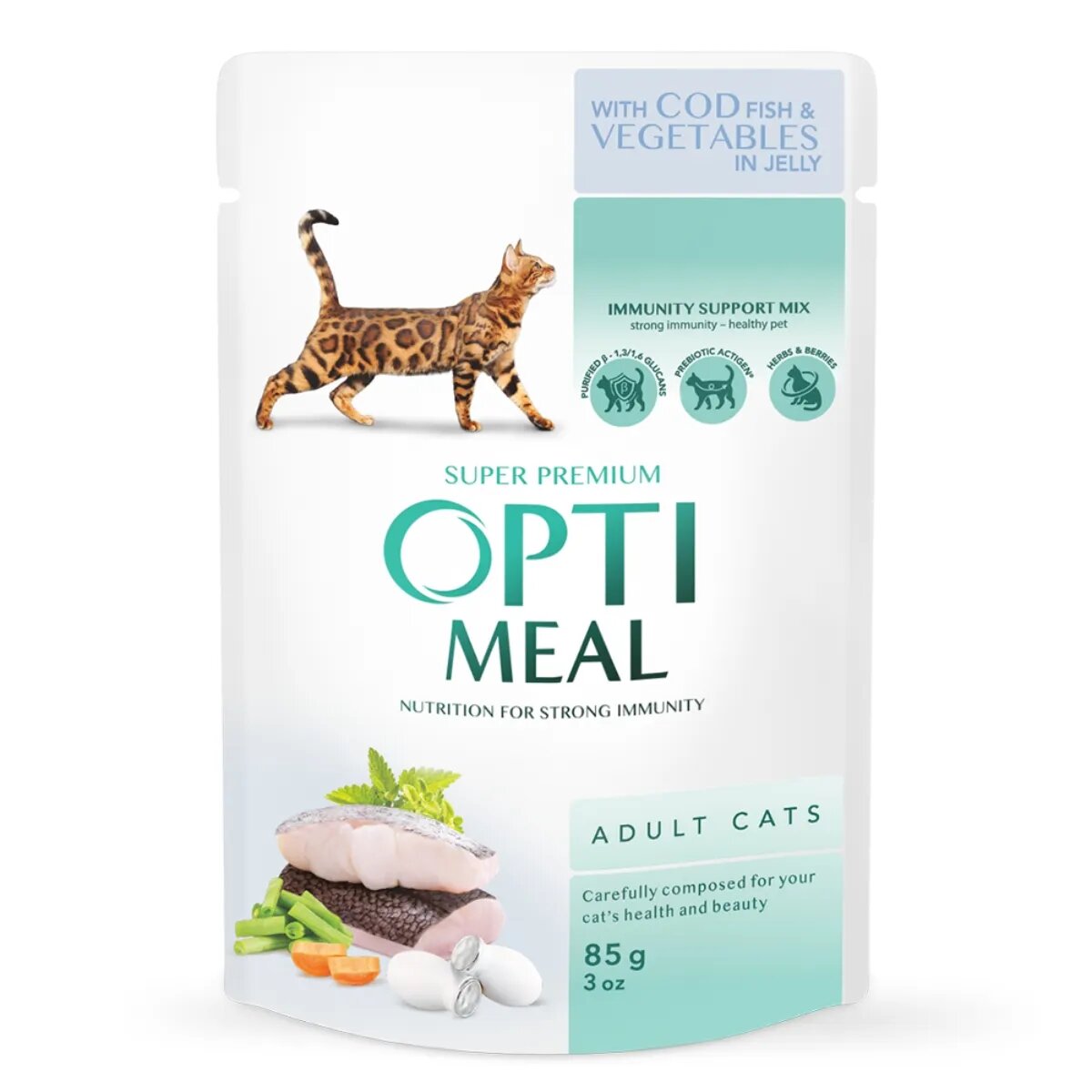 OPTIMEAL Cod cu Legume hrană umedă pisici (în aspic) Cod și Legume plic hrană umedă pisici (în aspic) 85g