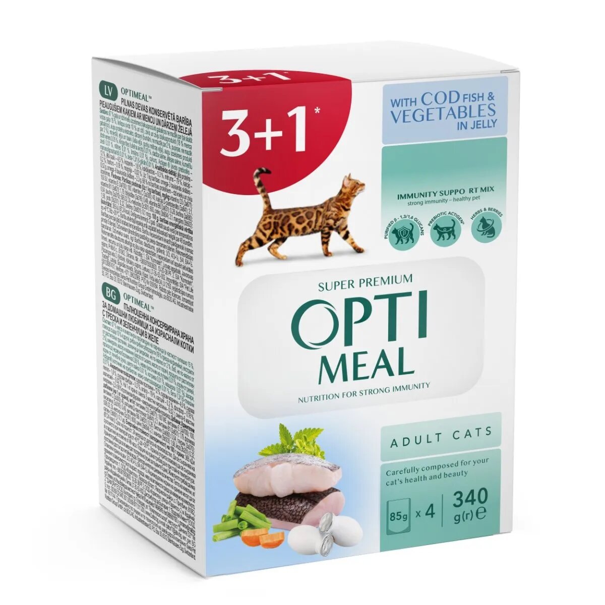 OPTIMEAL Cod cu Legume hrană umedă pisici (în aspic) Cod și Legume plic hrană umedă pisici (în aspic) bax 85g x 4buc