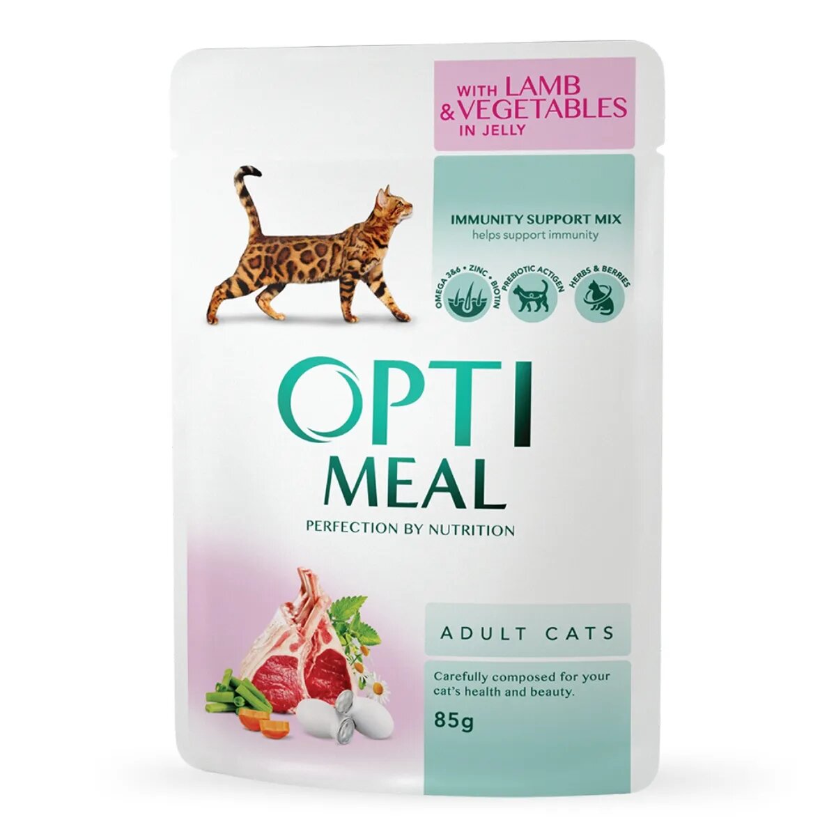 OPTIMEAL Miel cu Legume hrană umedă pisici (în aspic) Miel și Legume plic hrană umedă pisici (în aspic) 85g