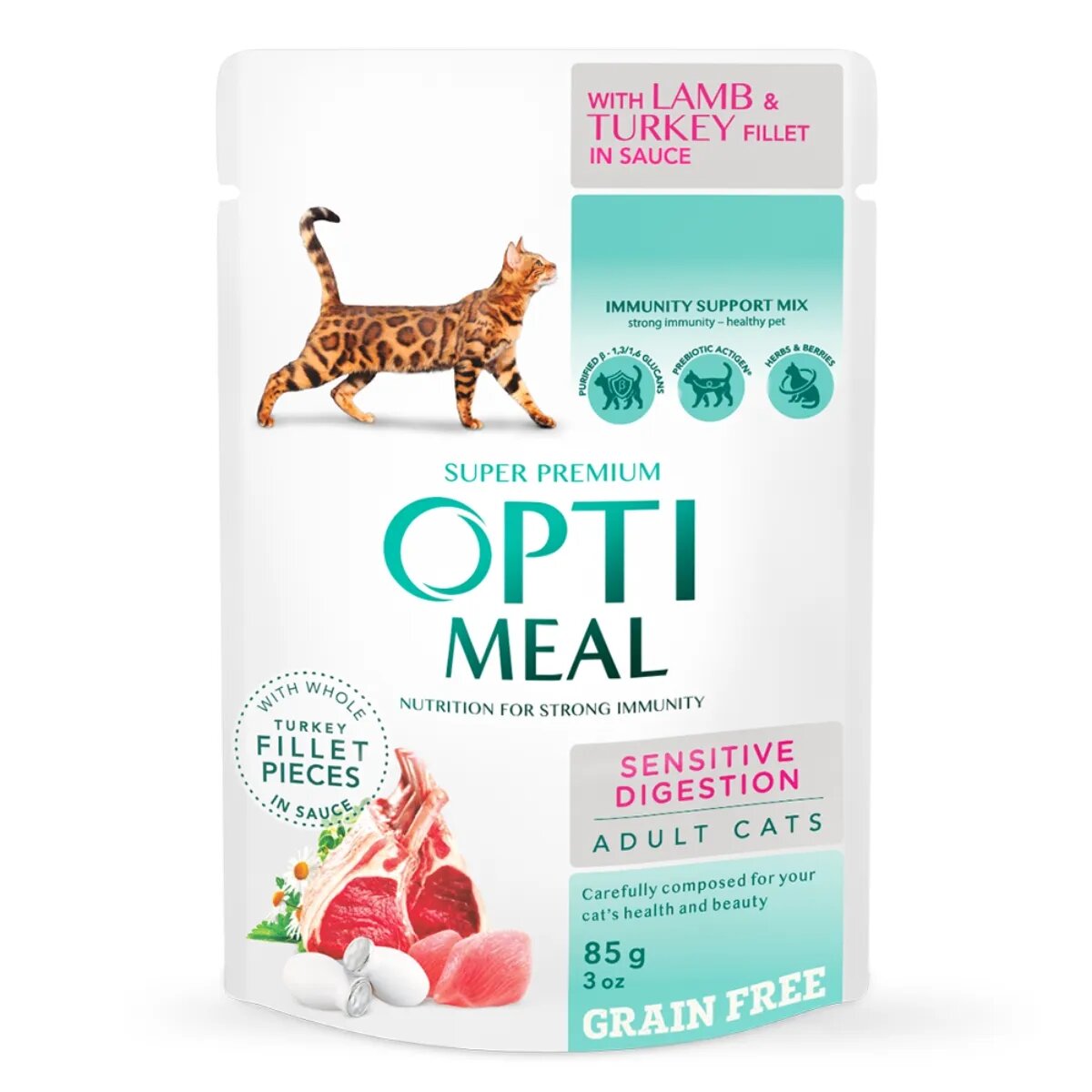 OPTIMEAL Sensitive Miel și Curcan hrană umedă pisici sensibilități digestive (în sos) Sensitive Miel și Curcan hrană umedă fără cereale pisici sistem digestiv (în sos) 85g
