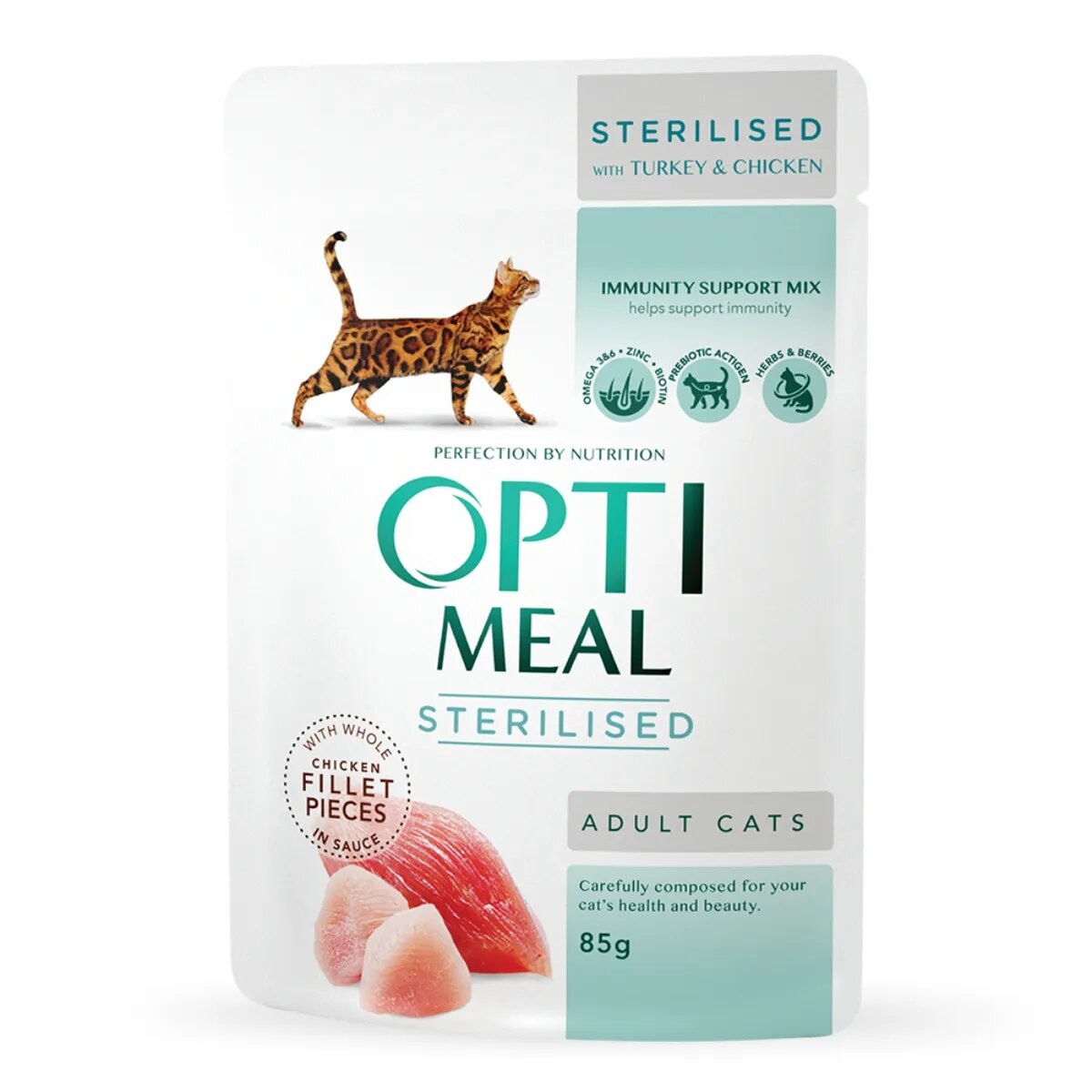 OPTIMEAL Sterilised Pui și Curcan hrană umedă pisici sterilizate (în sos) Sterilised Pui și Curcan plic hrană umedă pisici sterilizate (în sos) 85g