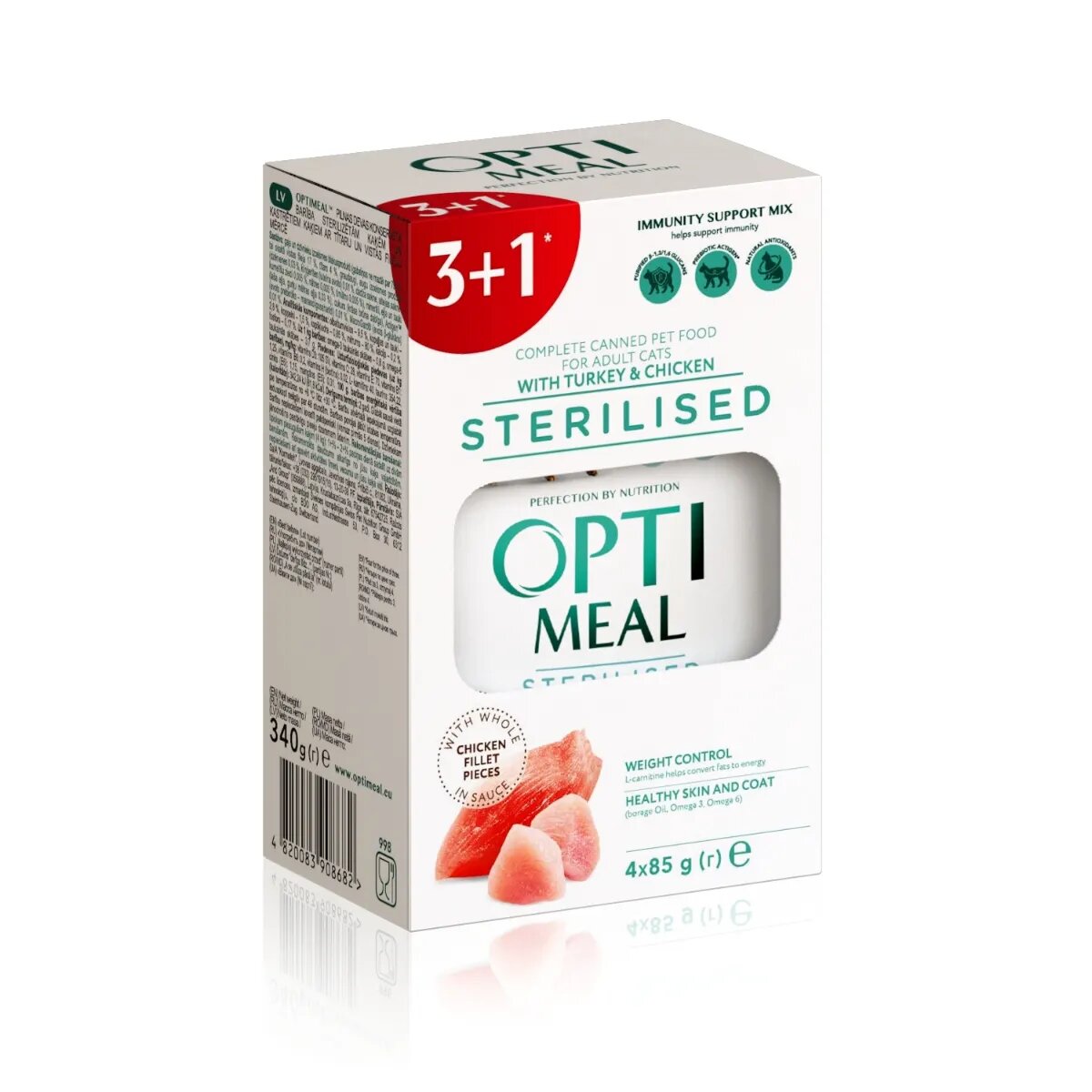 OPTIMEAL Sterilised Pui și Curcan hrană umedă pisici sterilizate (în sos) Sterilised Pui și Curcan plic hrană umedă pisici sterilizate (în sos) bax 85g x 4buc