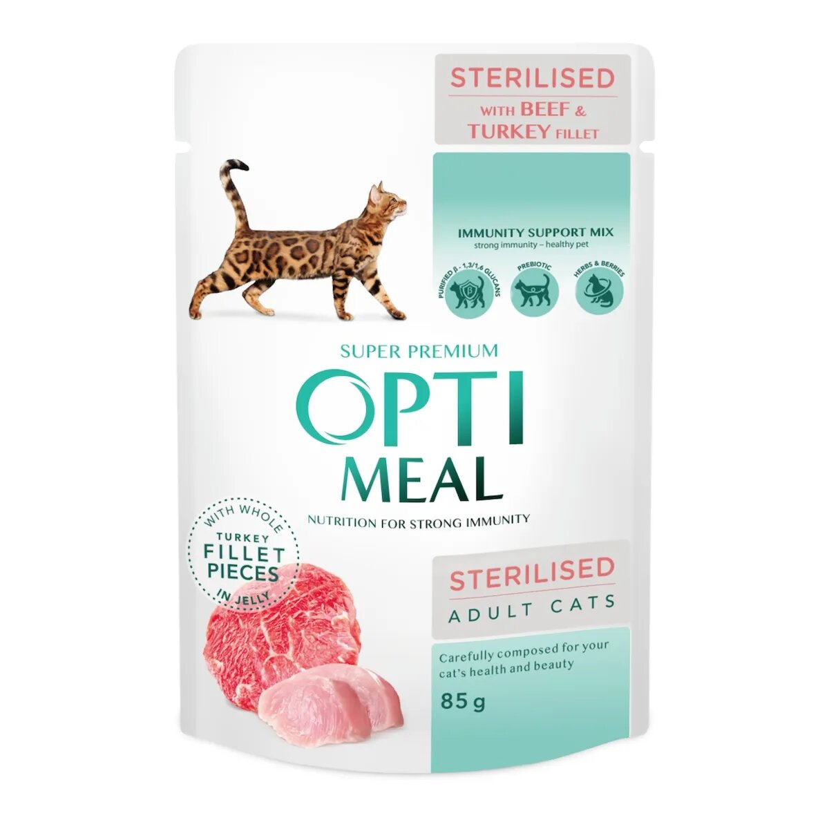 OPTIMEAL Vită și Curcan plic hrană umedă pisici sterilizate (în aspic) 85g