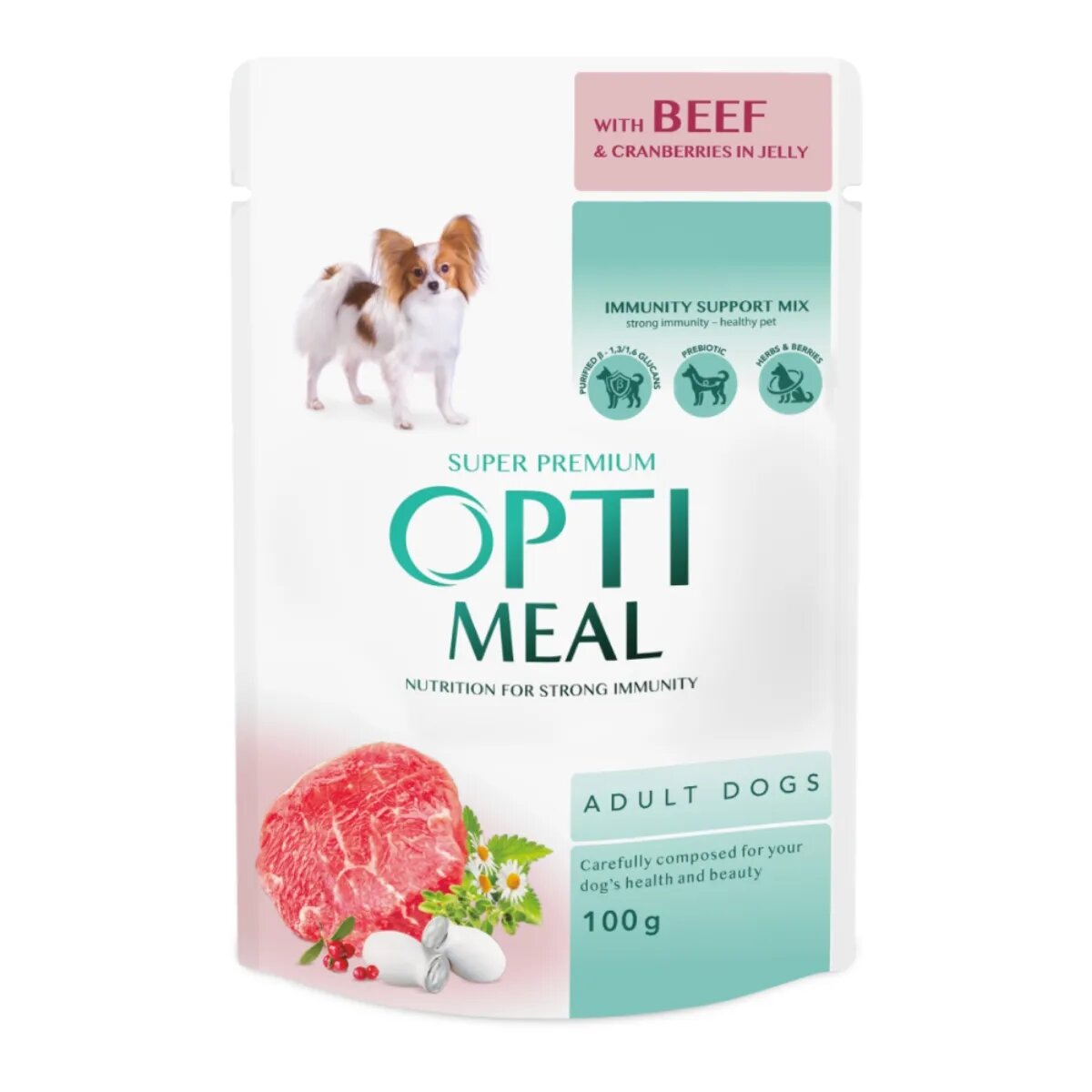 OPTIMEAL XS-XL Vită plic hrană umedă câini (în aspic) 100g XS-XL Vită plic hrană umedă câini (în aspic) bax 12 buc x 100g