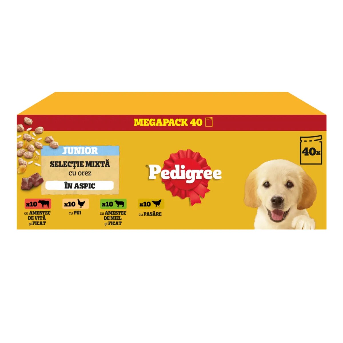 PEDIGREE Junior Selectie Mixta cu Orez XS-XL Pasăre și Vită plic hrană umedă câini junior (în aspic) megapack 100g x 40buc