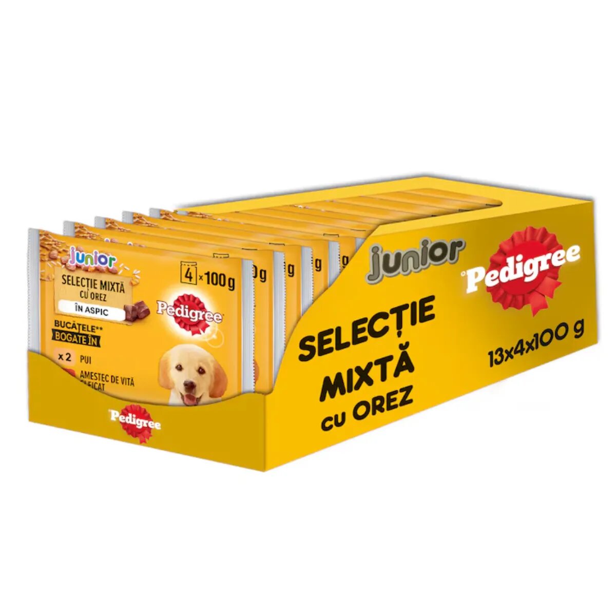 PEDIGREE Junior Selectie Mixta XS-XL Carne și Orez plic hrană umedă câini junior (în aspic) bax 400g x 13buc
