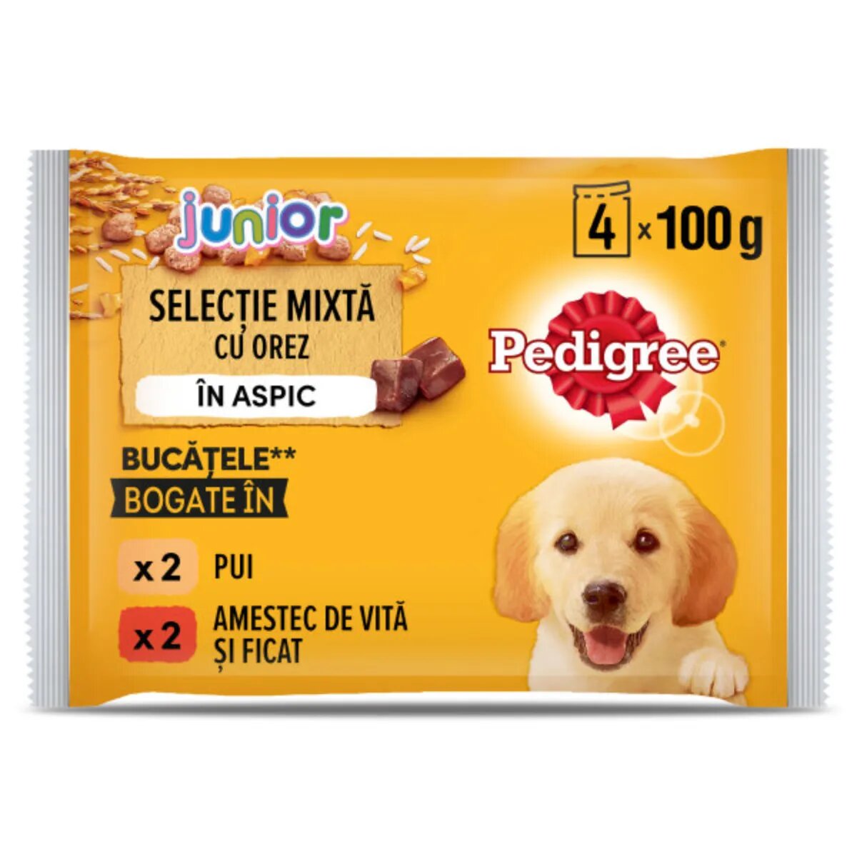 PEDIGREE Junior Selectie Mixta XS-XL Carne și Orez plic hrană umedă câini junior (în aspic) bax 400g x 13buc